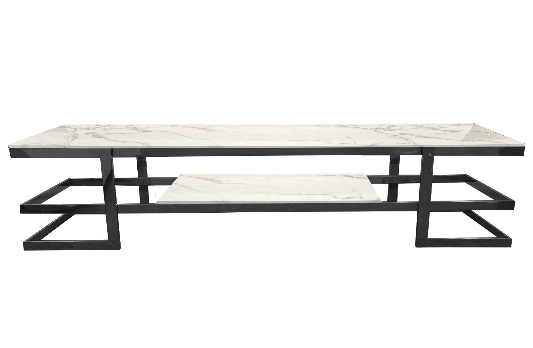 Alexa TV Unit in black metal frame with elegant white sintered stone marble top.