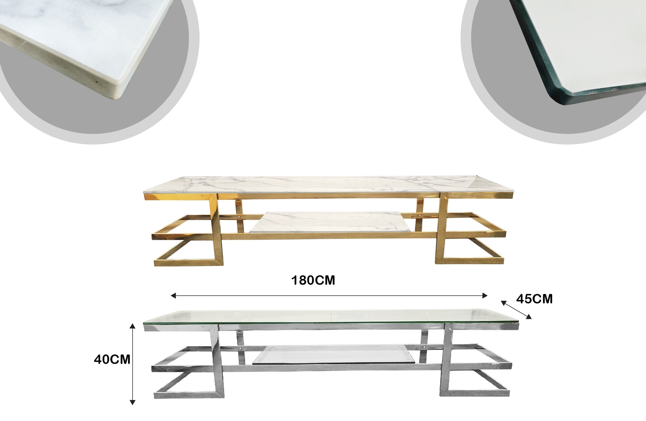 Alexa TV Unit with measurements 180cm length, 40cm width, 45cm height in gold and silver.