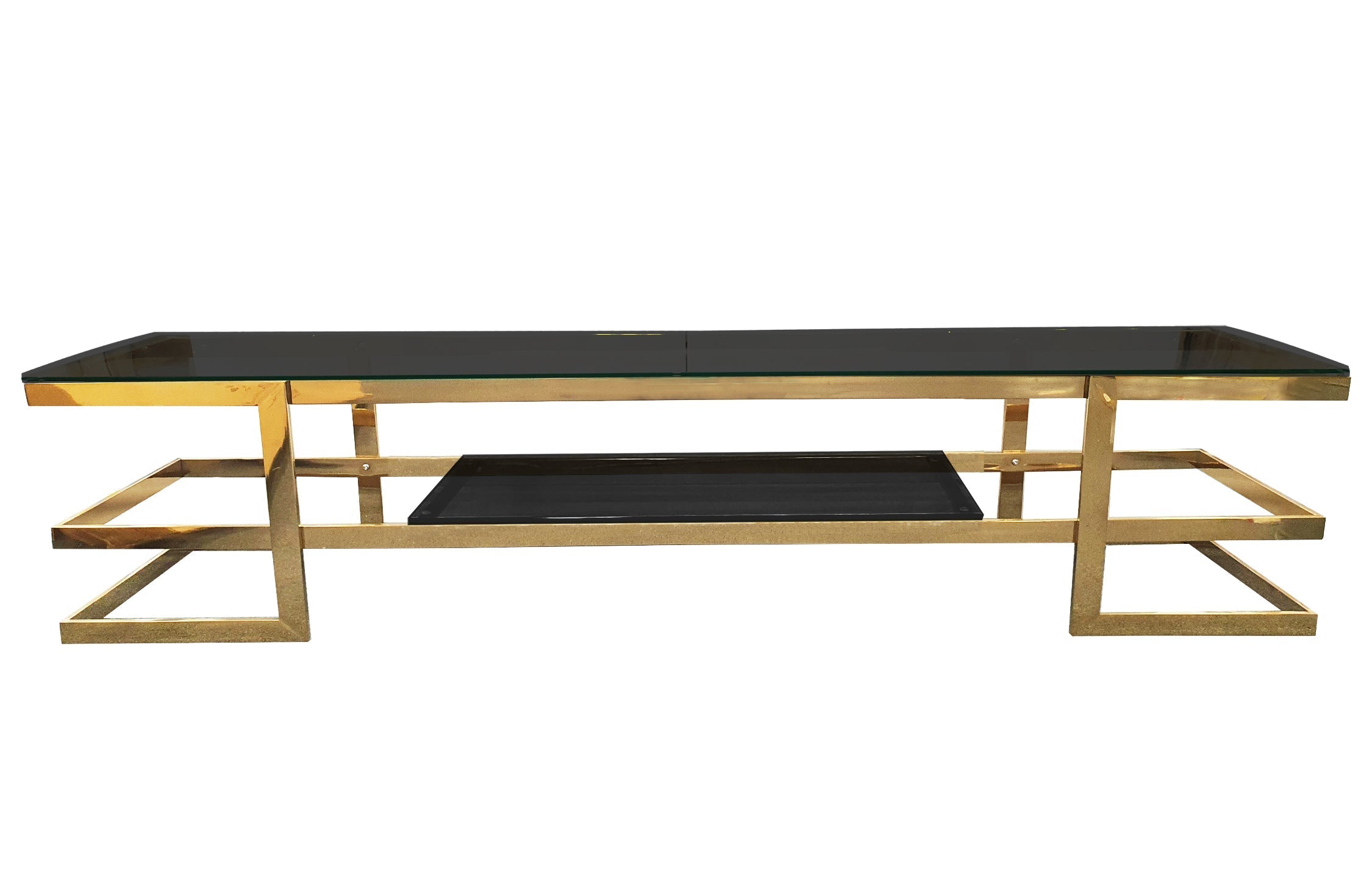 Alexa TV Unit in polished gold frame with black tempered glass top and bottom shelf.