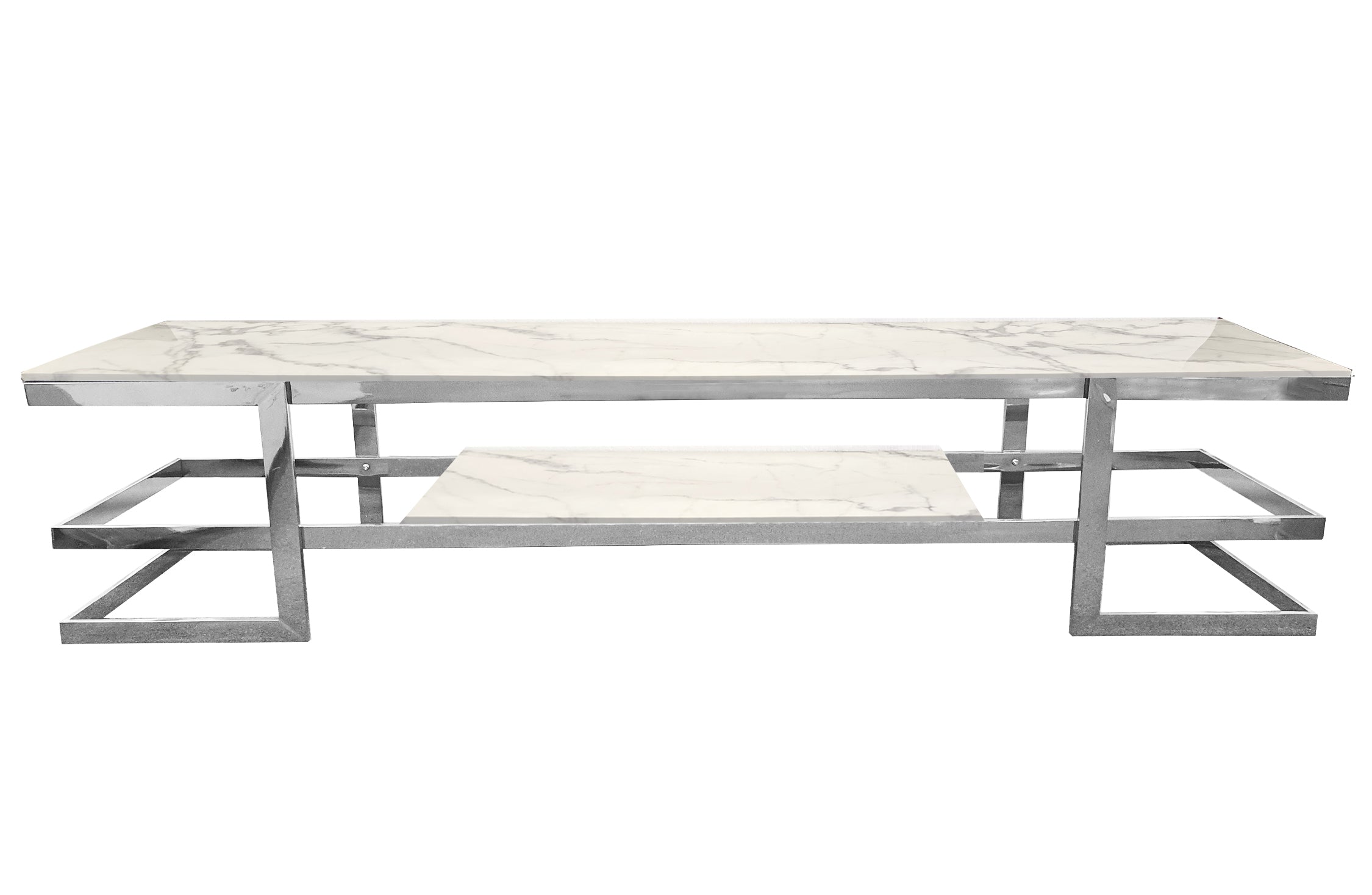 Alexa TV Unit with polished silver frame and elegant white sintered stone marble top.