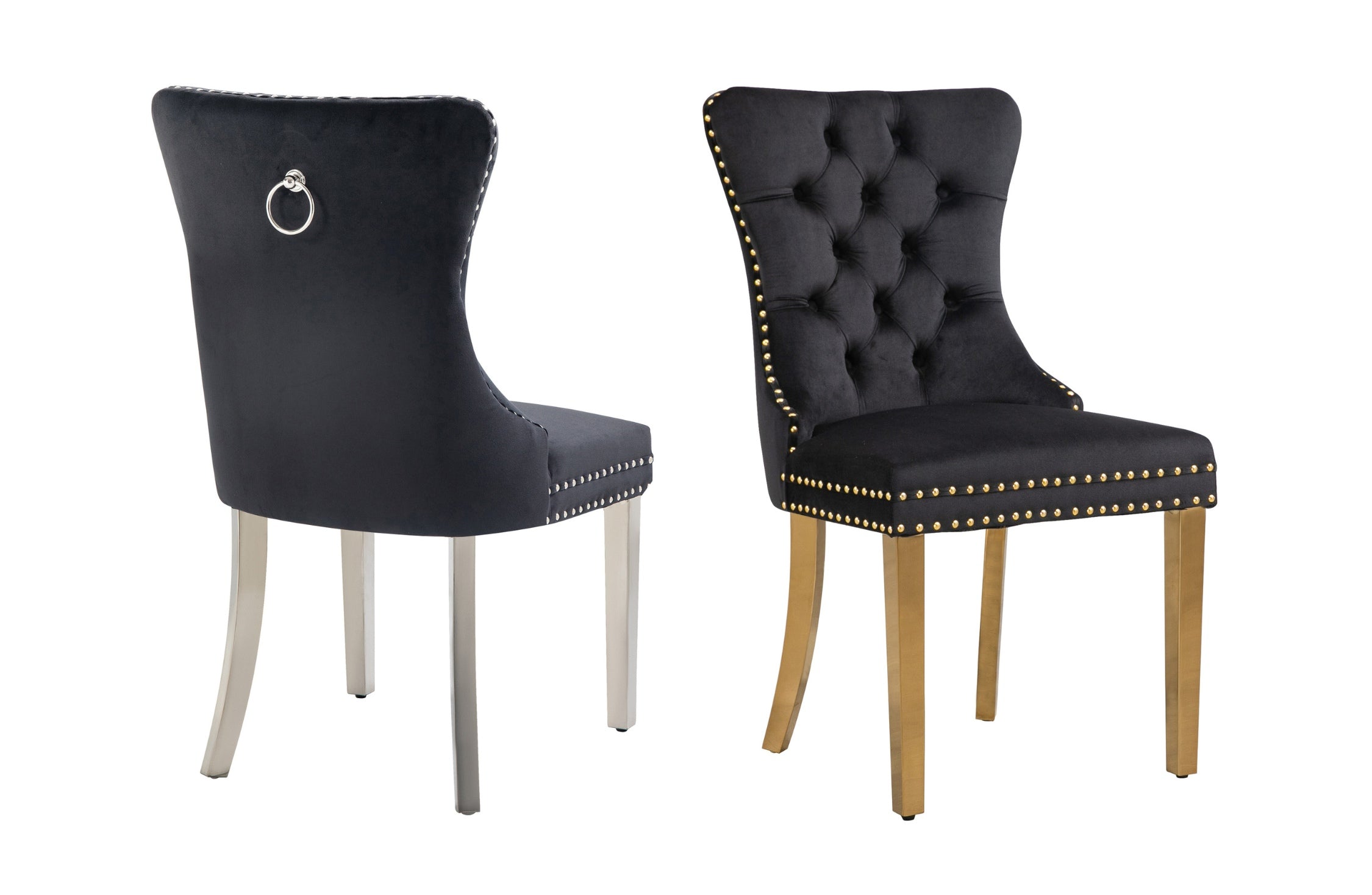 Black velvet tufted dining chair with gold and silver legs and stud trim.
