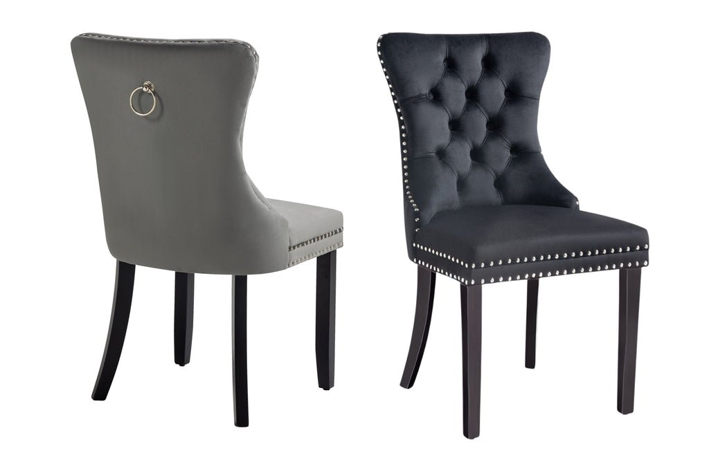 Alsea dark grey and black velvet dining chair front and back view with tufted stud trim design.