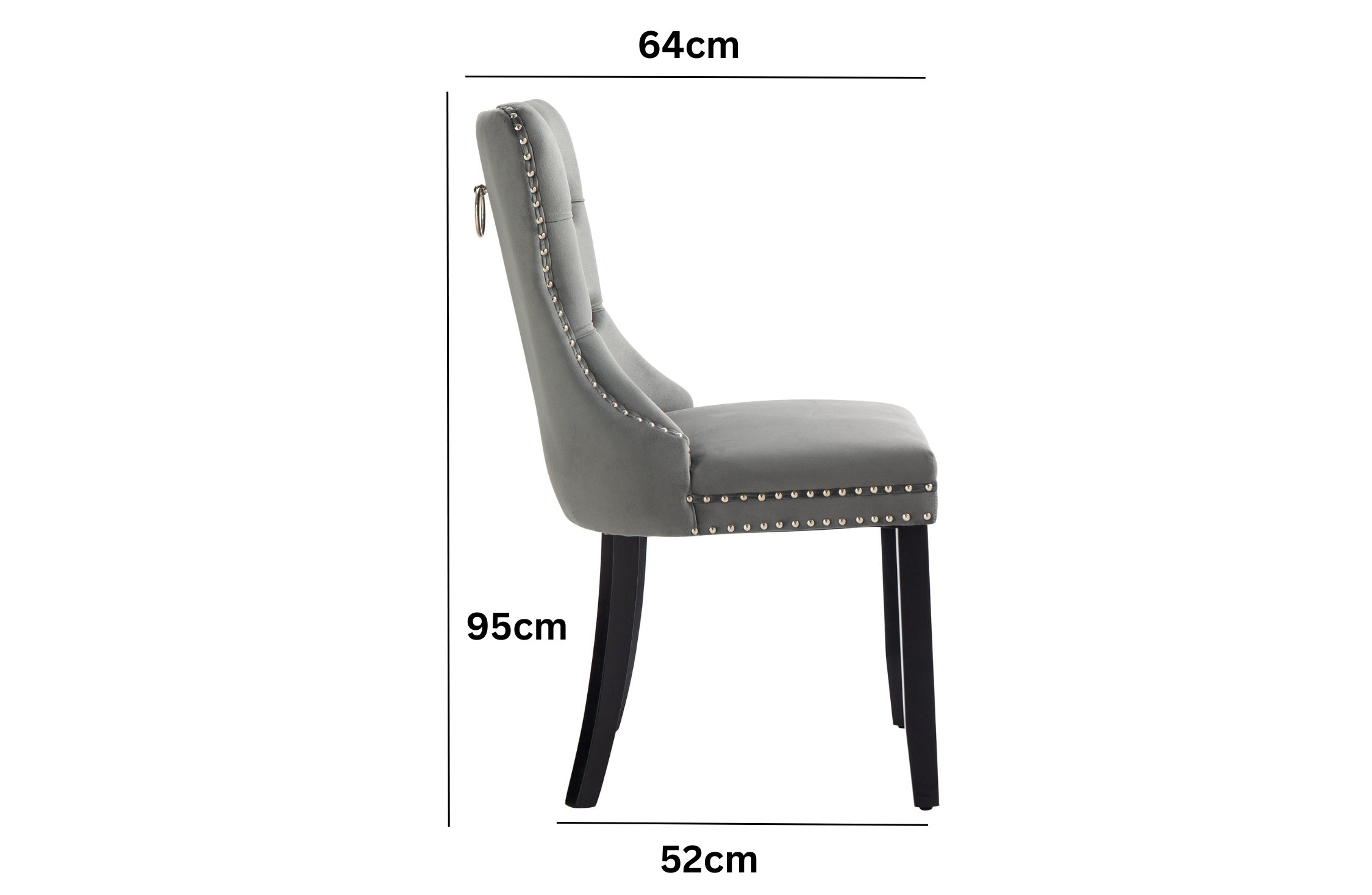 Alsea dark grey velvet dining chair side view with dimensions 95cm x 64cm x 52cm.