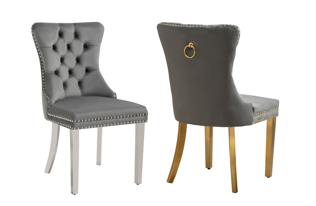 Alsea dark grey velvet dining chair with tufted back, stud trim, ring handle, and gold and legs