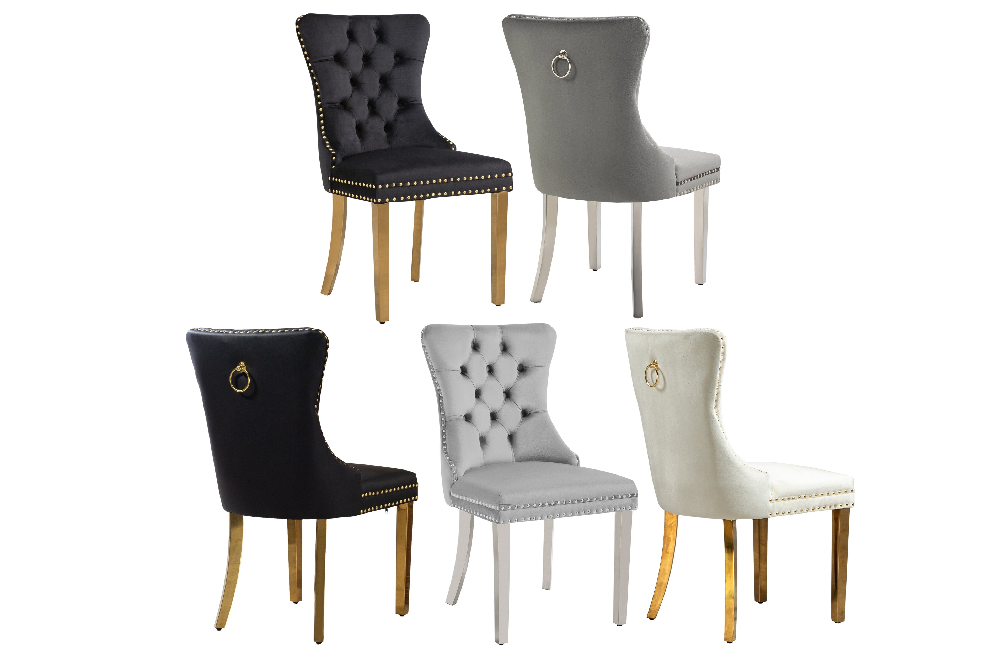Elegant velvet and faux leather dining chairs in black, grey, and beige with gold or silver legs