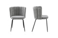 Amelia boucle dining chair in grey fabric with black legs, shown in front and side angles.