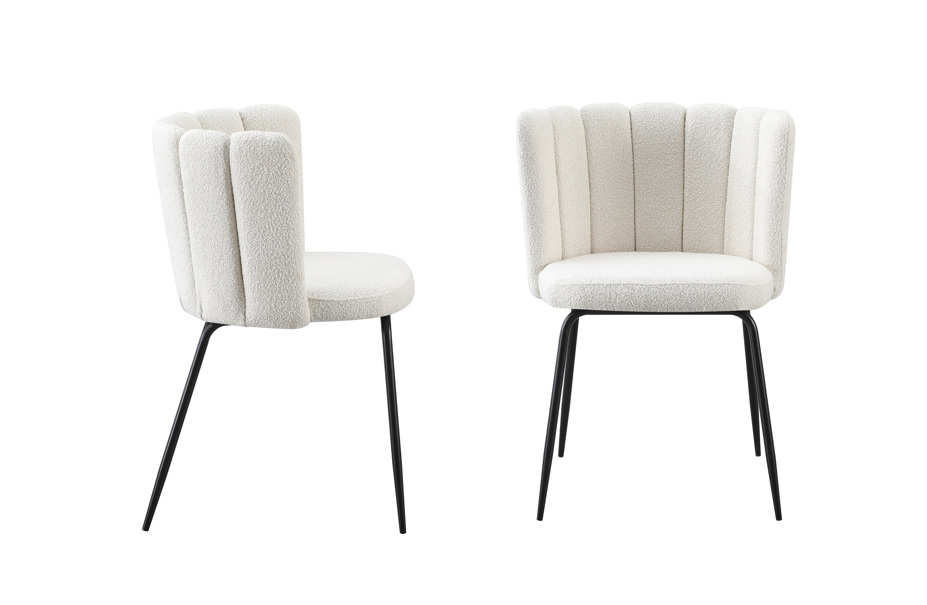 Amelia boucle dining chair in off-white fabric with black legs, shown in front and side views.