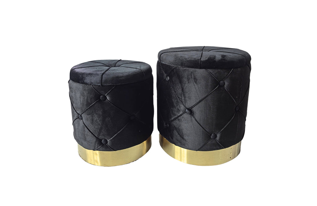 Black Amy Storage Ottomans with gold base, velvet tufted design, set of two