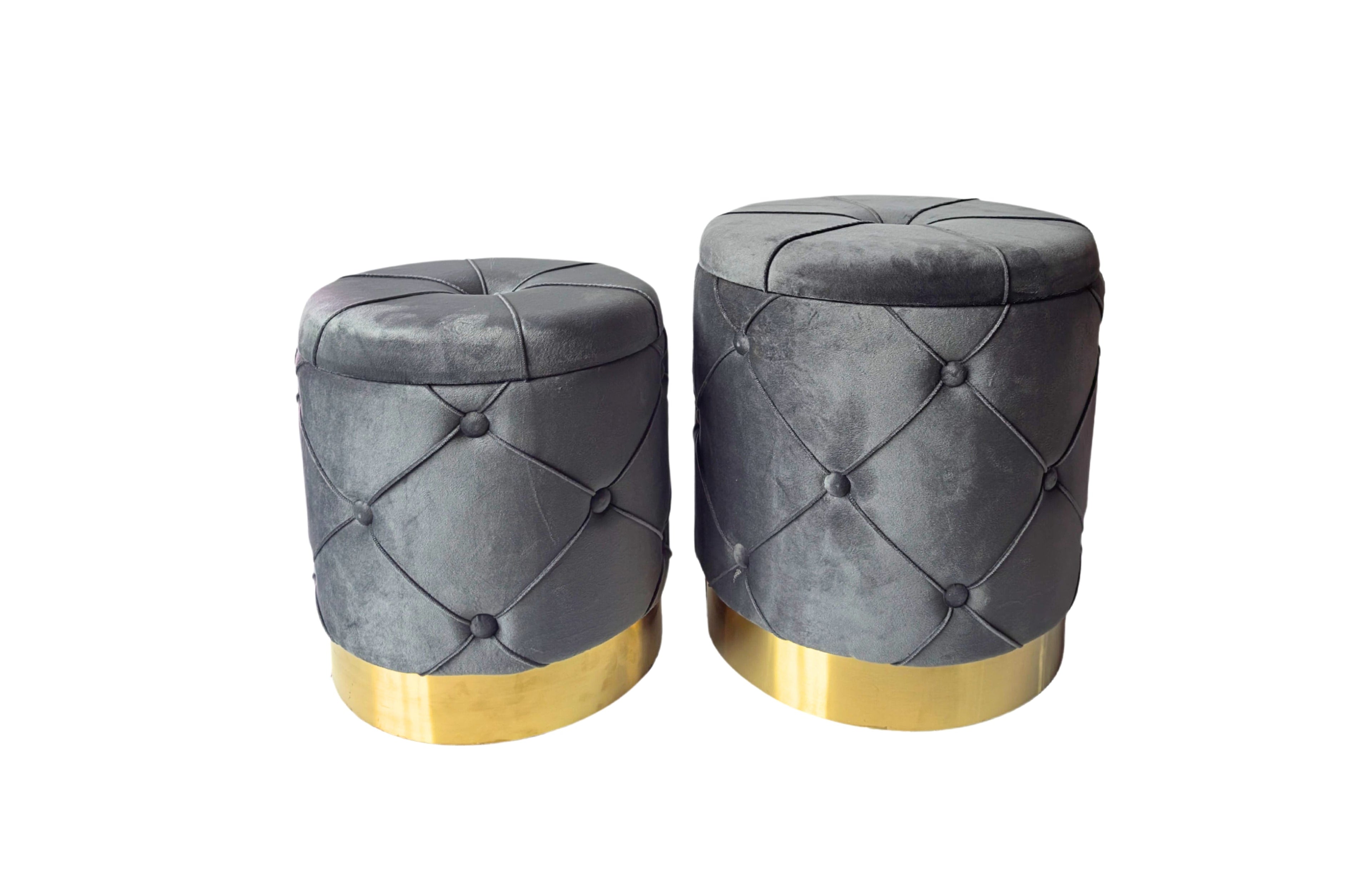 Grey Amy Storage Ottomans with gold base, velvet tufted design, set of two