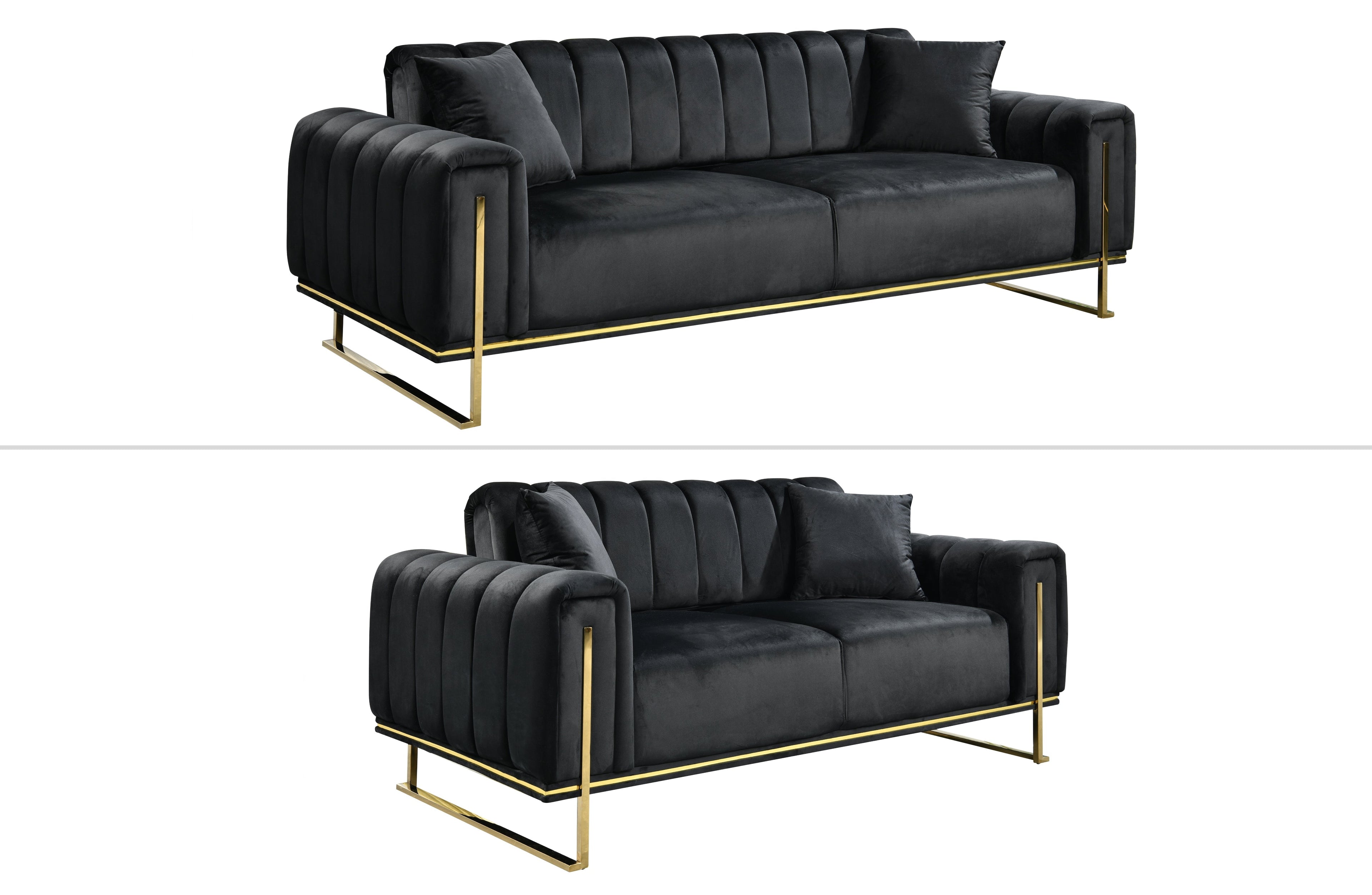 Black velvet sofa set featuring deep-cushioned three-seater and two-seater with gold trims