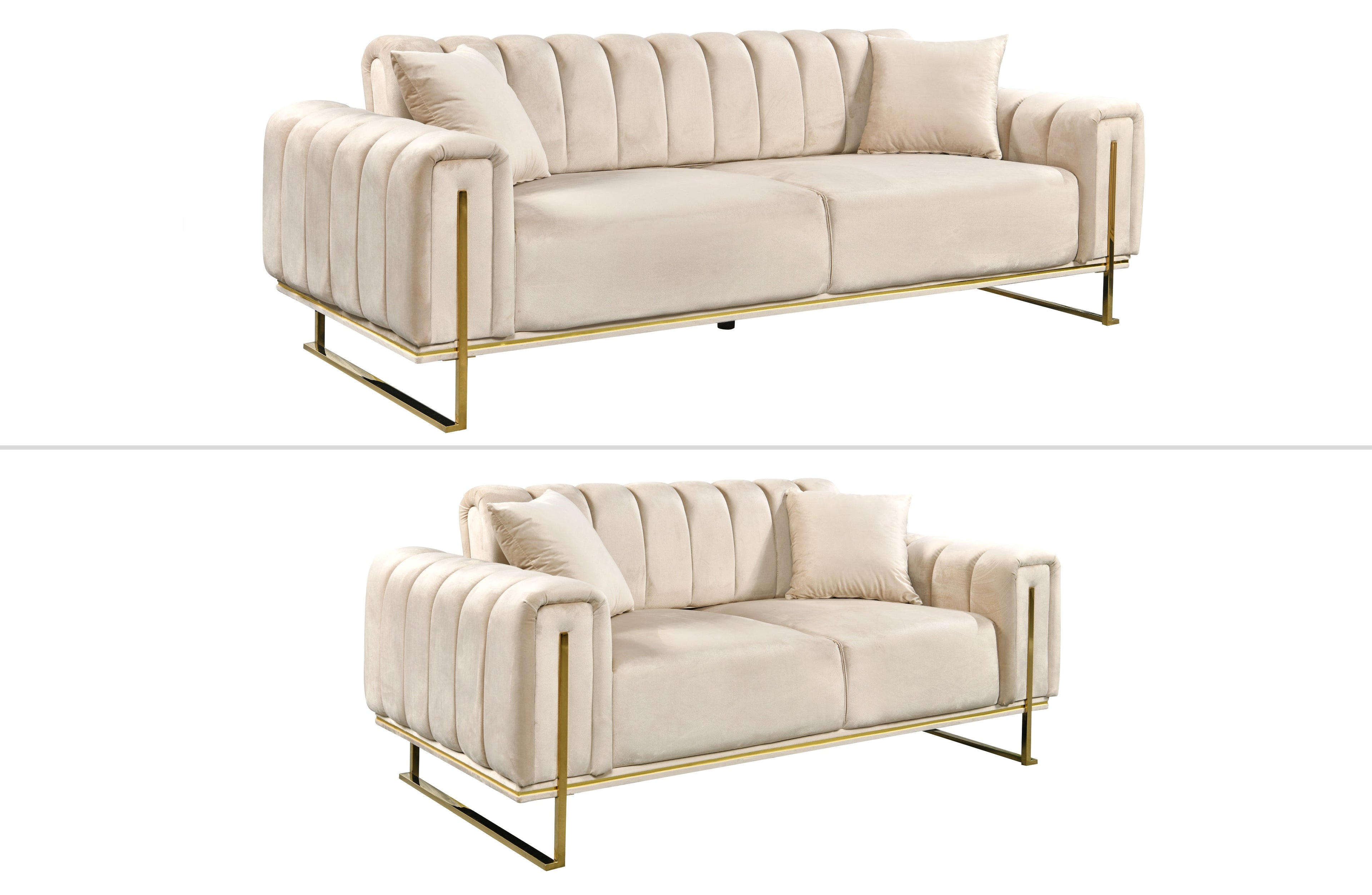 Champagne velvet sofa set with elegant three-seater and two-seater in gold frame