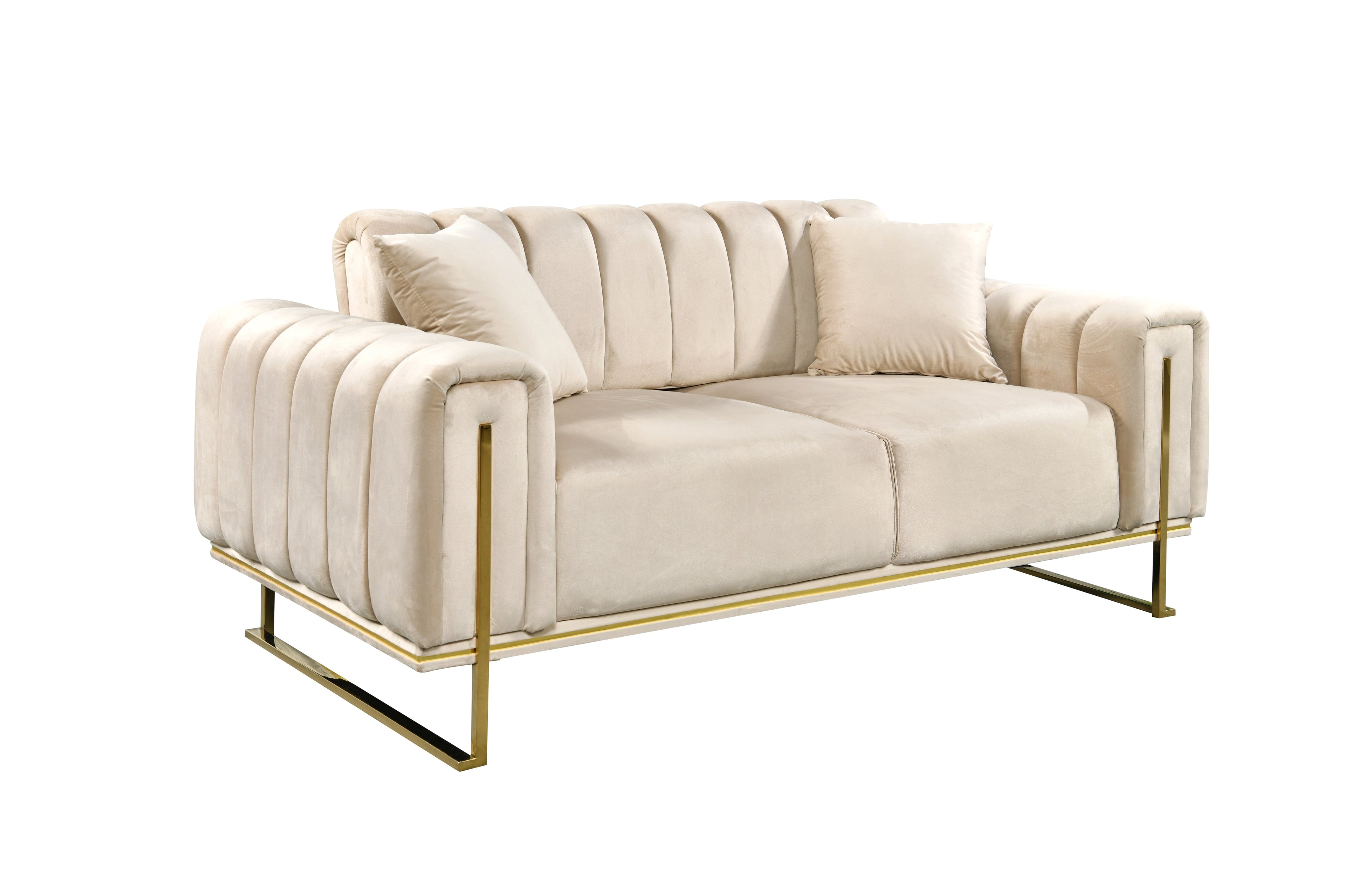 Modern champagne velvet two-seater lounge with sleek gold frame accents