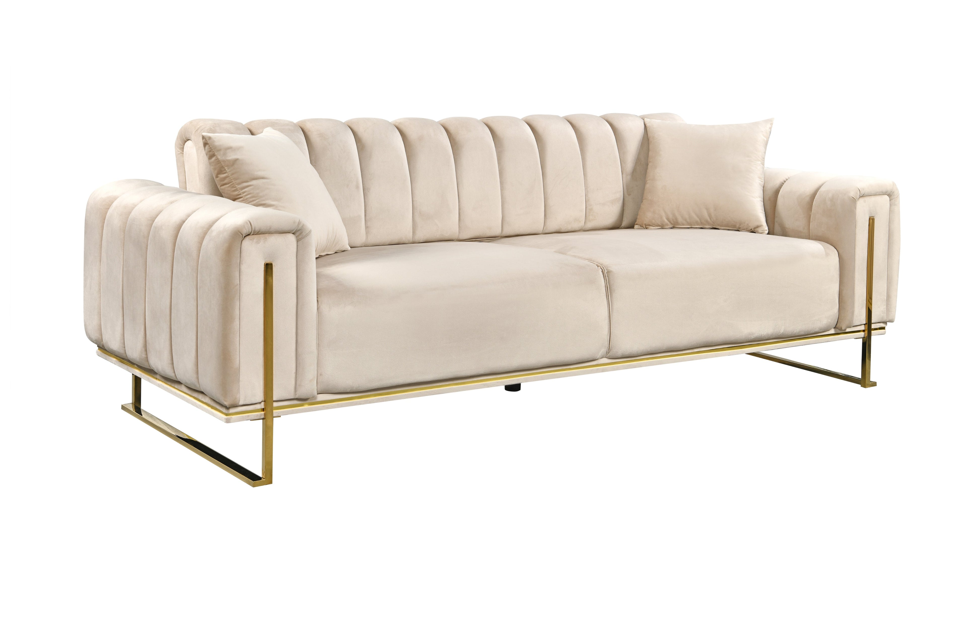 Elegant champagne velvet three-seater sofa with plush cushions and gold trims