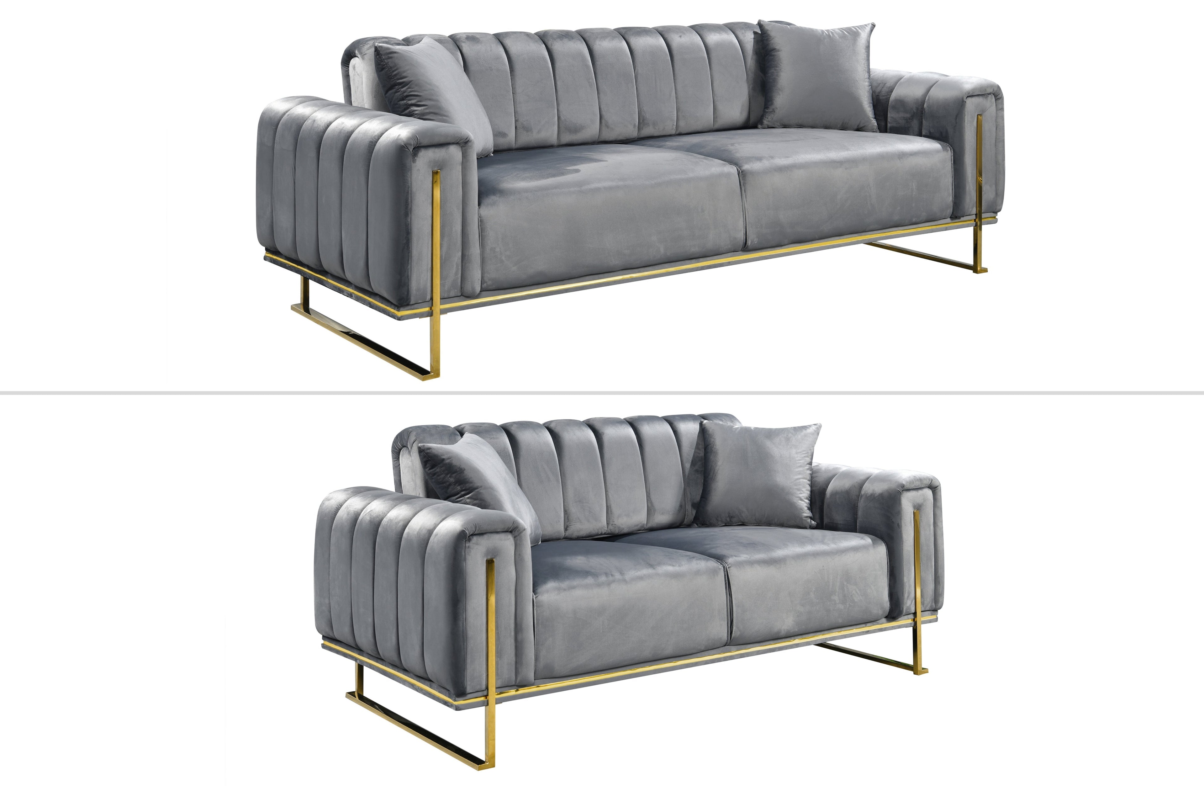 Dark grey velvet sofa pair including three-seater and two-seater with sleek gold accents