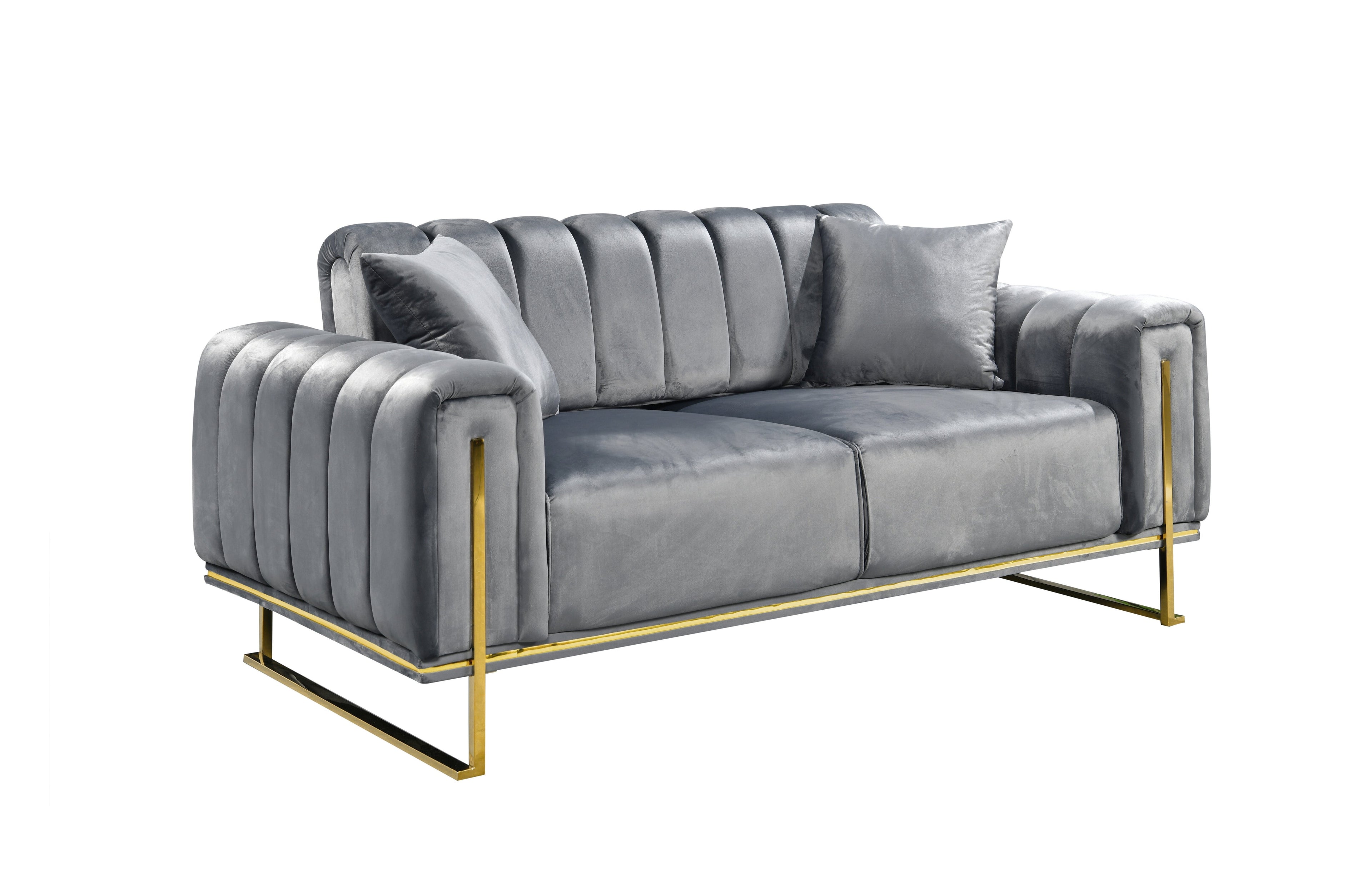 Sophisticated grey velvet two-seater sofa with structured arms and gold frame