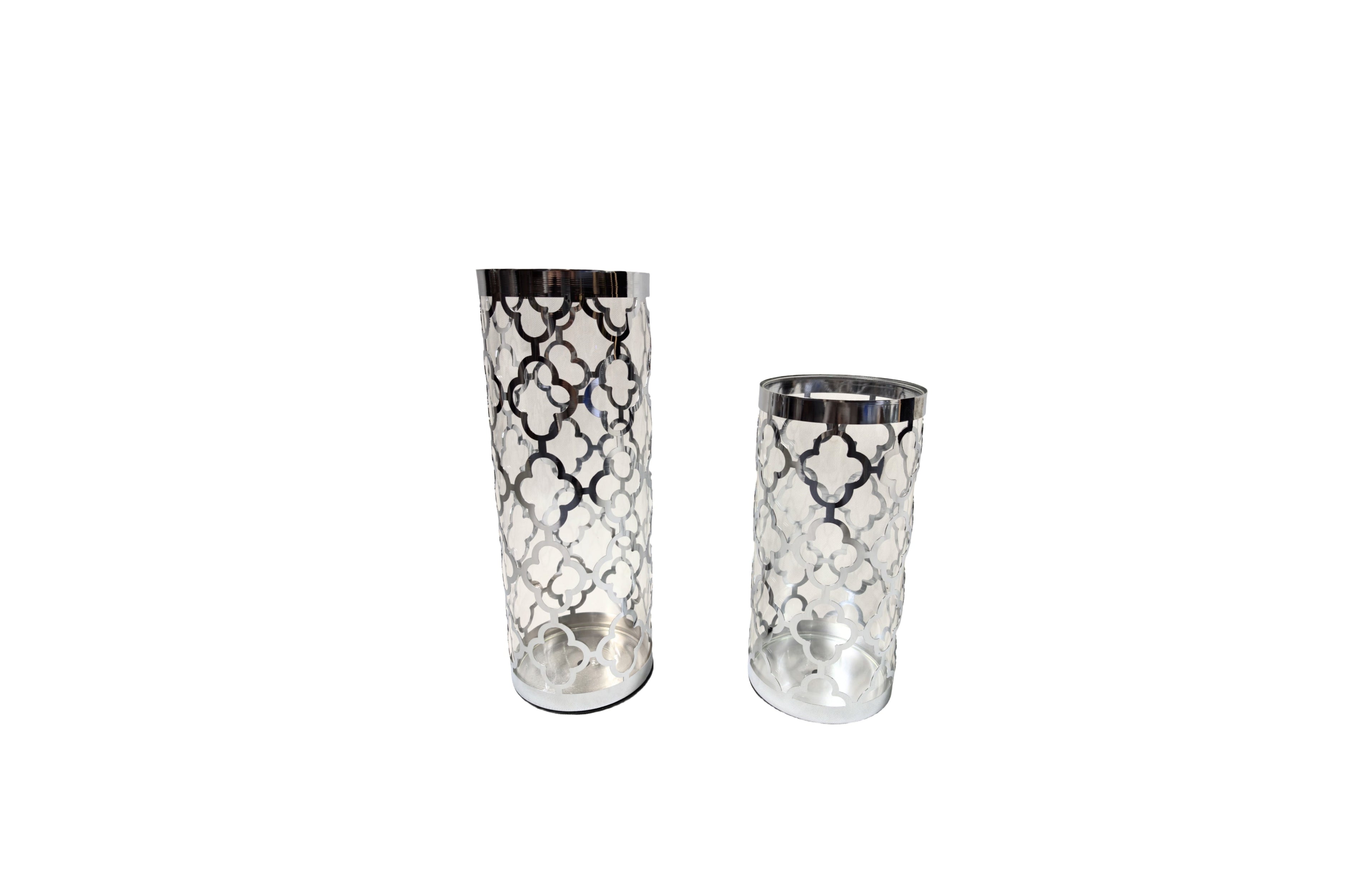 Sleek silver Ava vase set with decorative metal frame and glass, adding contemporary sophistication.
