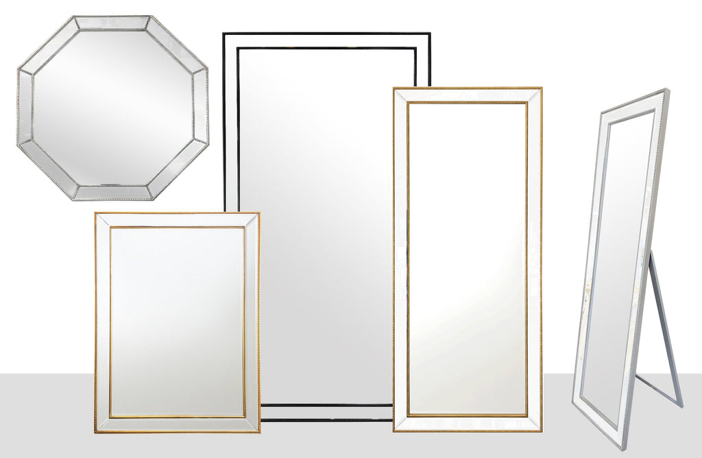 Beaded framed mirror collection showing rectangle, octagon, freestanding and wall styles in multiple colours.