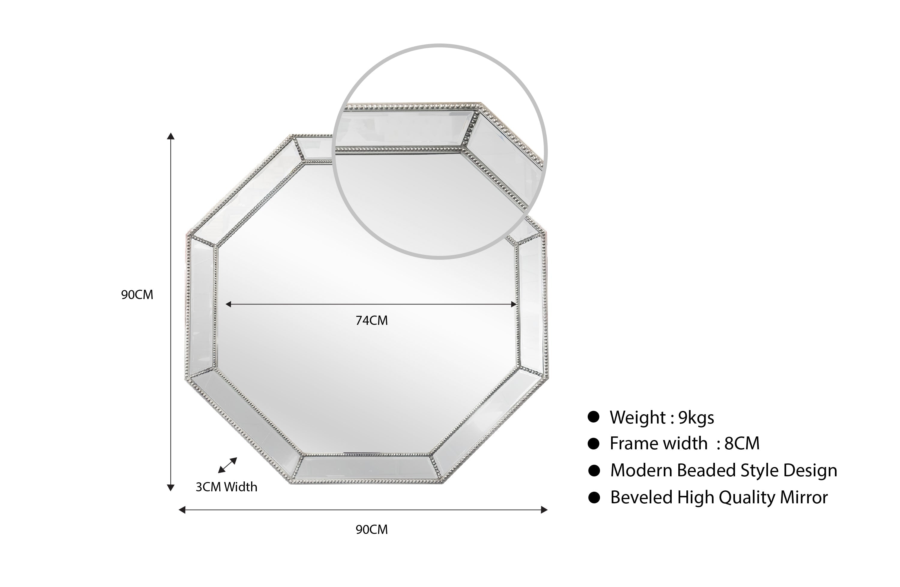 Octagon beaded framed mirror in silver finish, clearance design with detailed product dimensions.