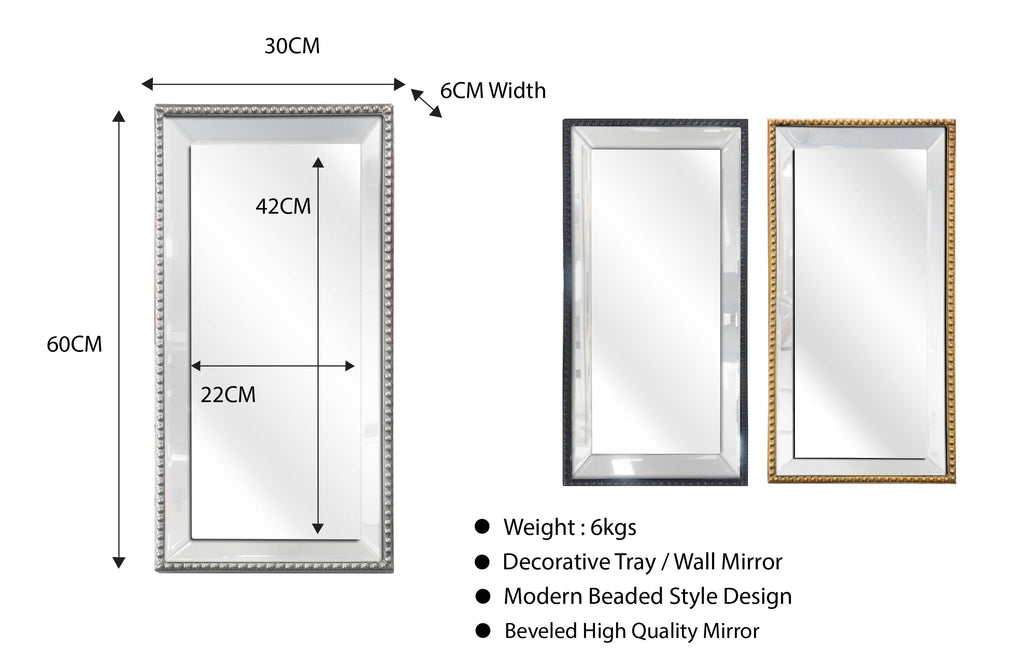 Medium beaded mirror tray in black, gold, silver – 60cm elegant décor.