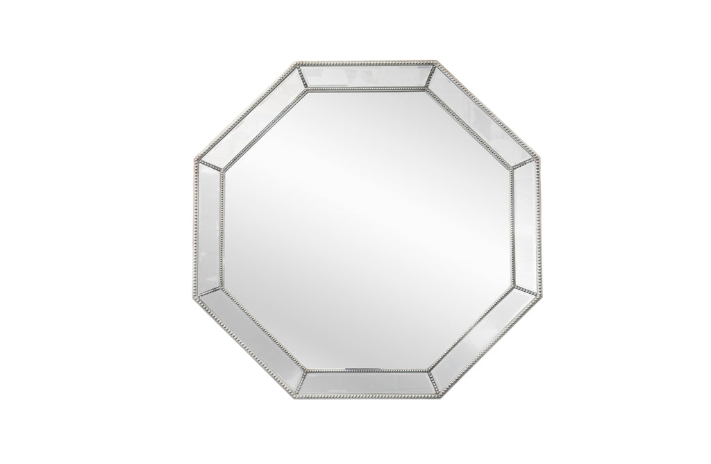 Silver octagon beaded framed mirror with geometric design, clearance style for elegant interiors