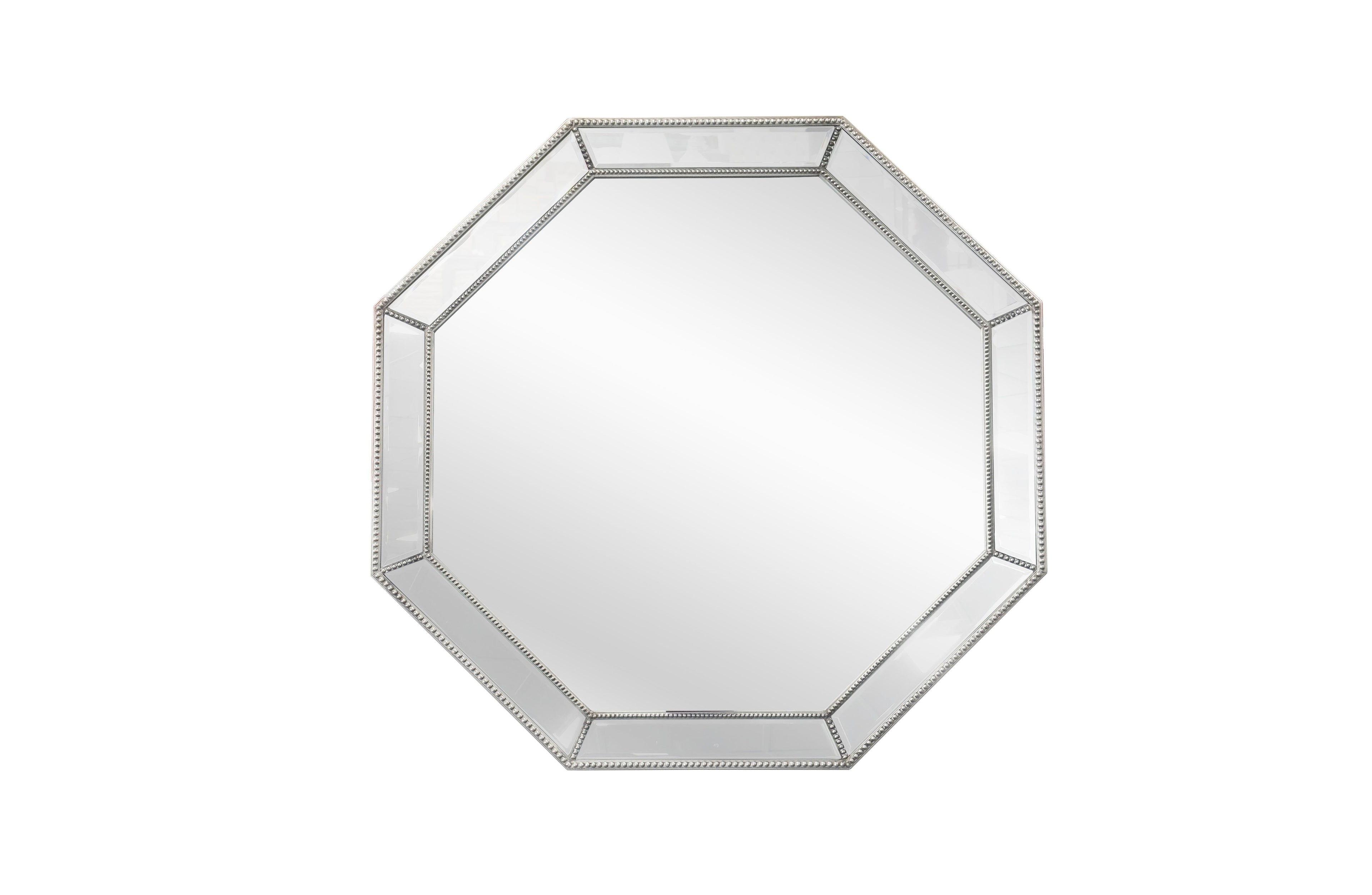 Silver octagon beaded framed mirror with geometric design, clearance style for elegant interiors