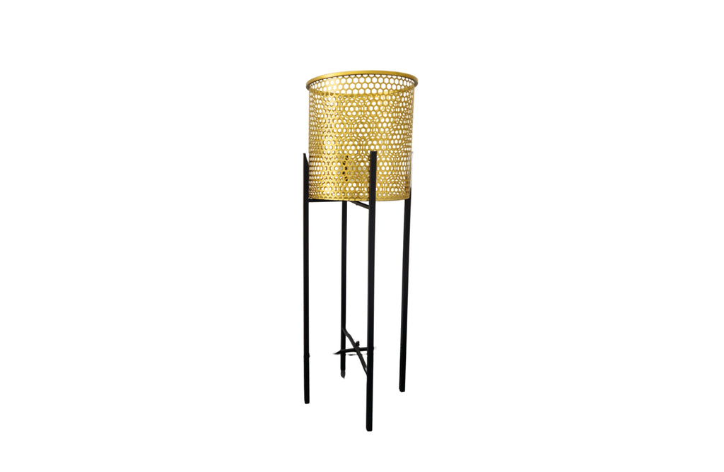 Large gold Beehive Planter with black legs standing alone on white background.
