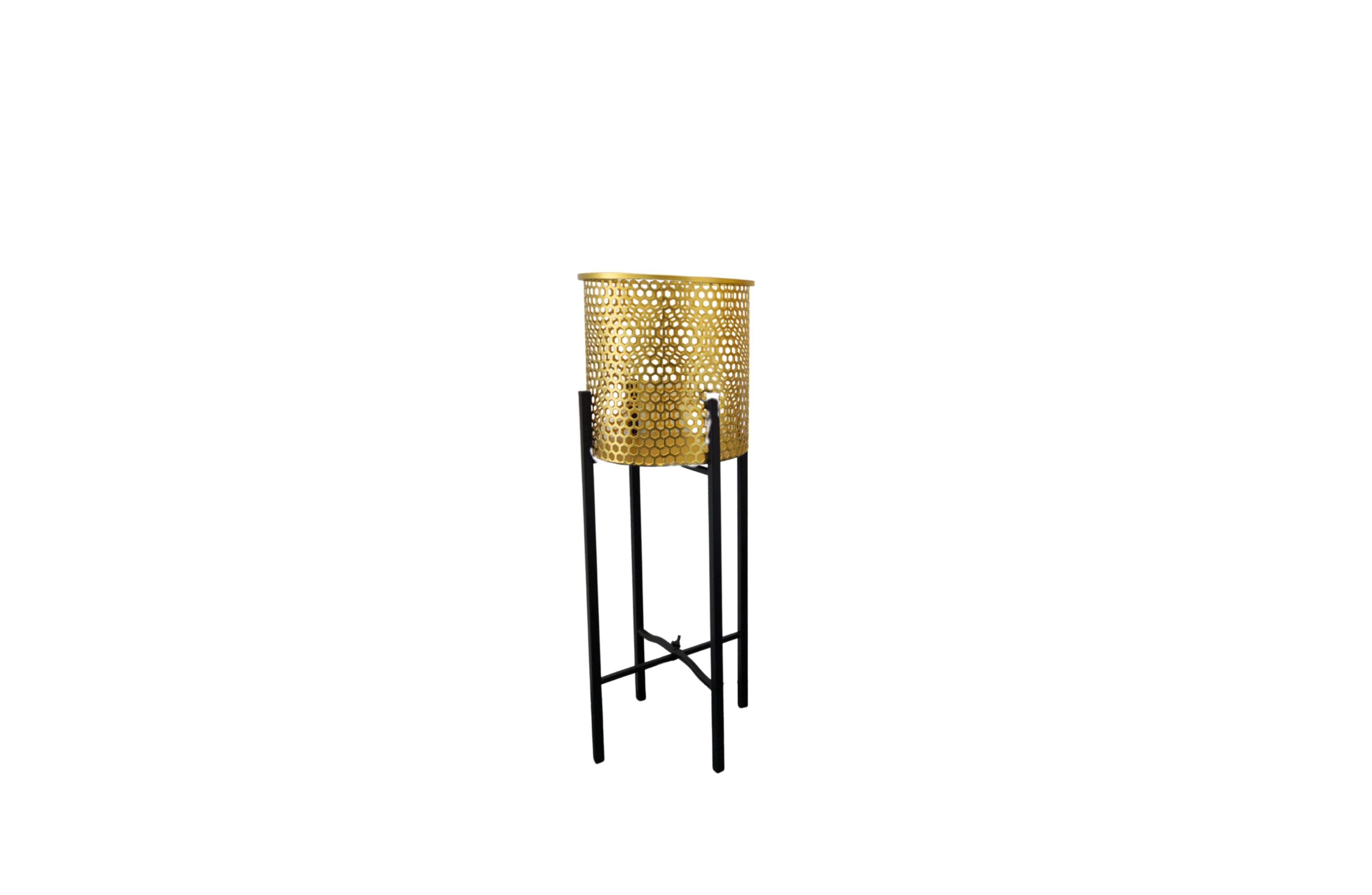 Small gold Beehive Planter with black legs on white background.