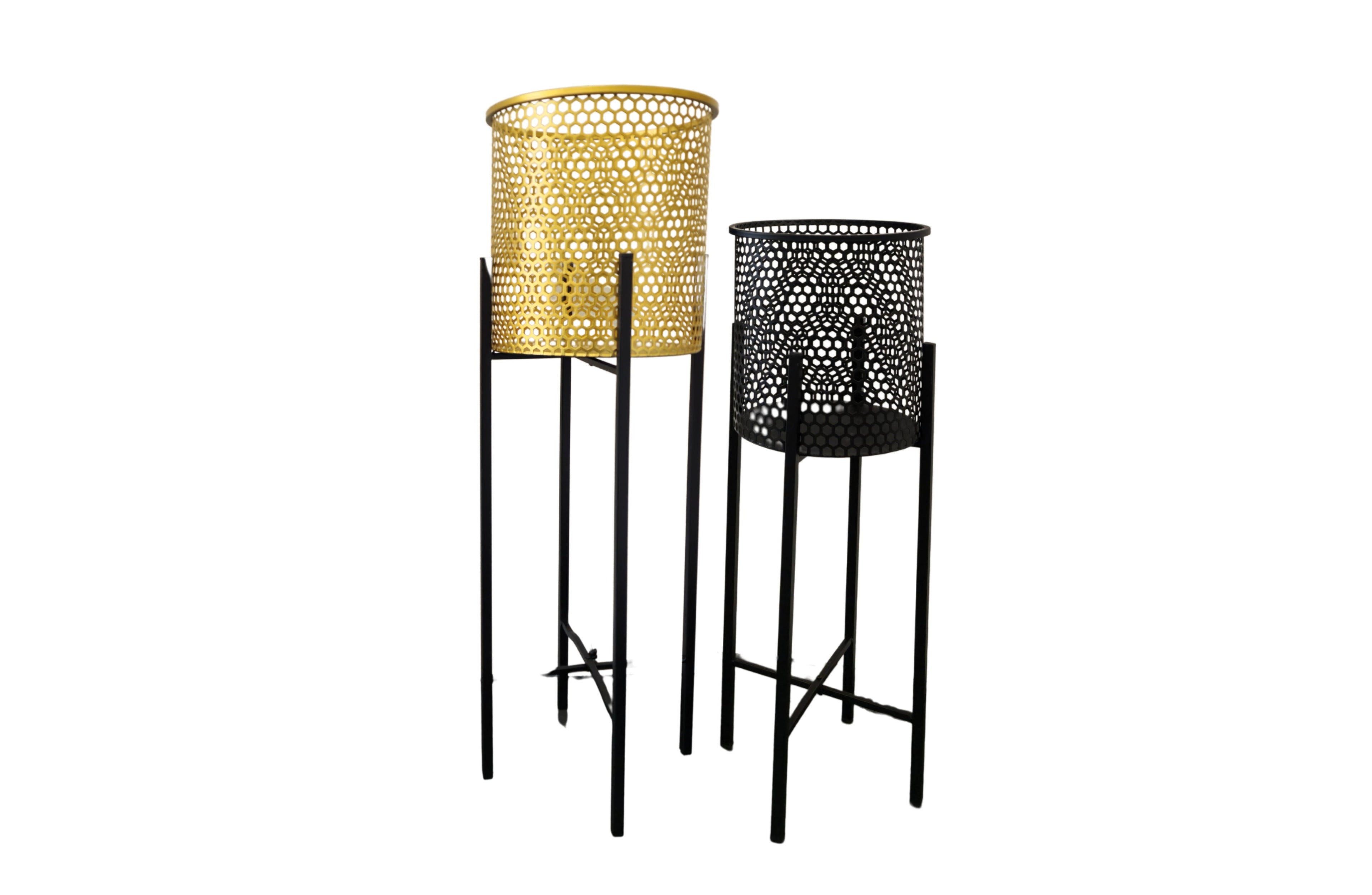 Set of two beehive-style planters, one in gold and one in black, both with black metal foldable stands. Displayed on a white background without plants.