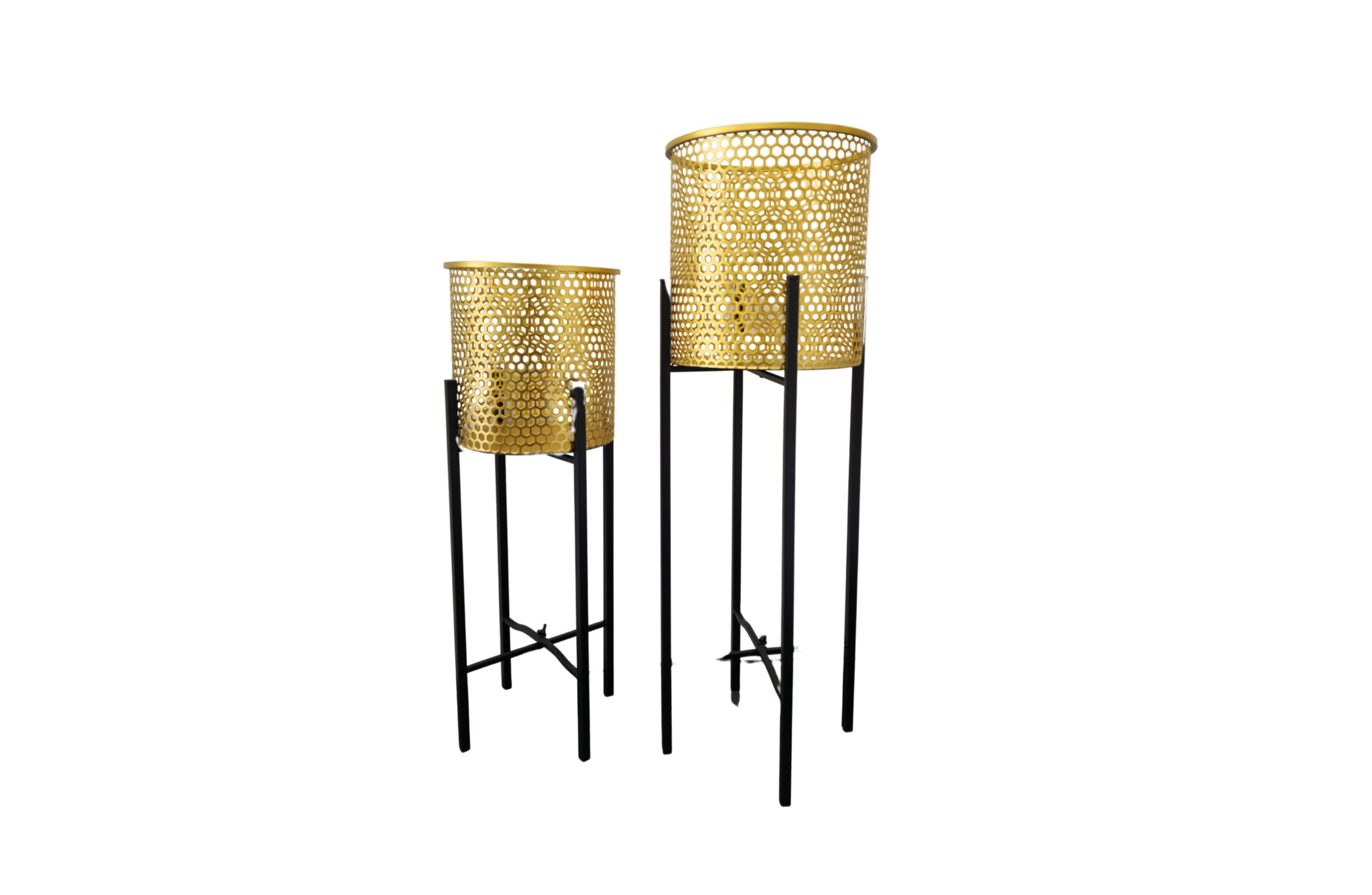 Gold Beehive Planter set of two with black foldable legs on white background.
