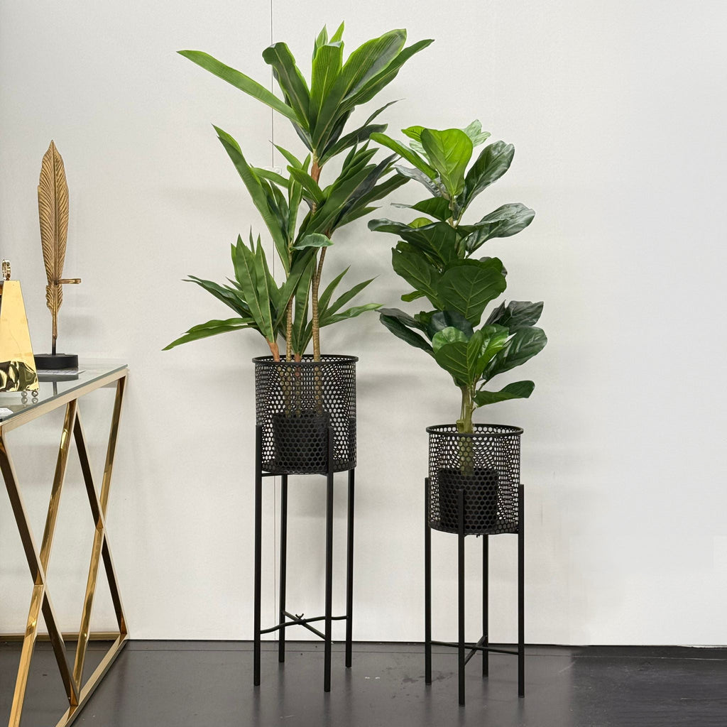 Black beehive planters on foldable black stands, styled indoors with tall green plants. Displayed against a plain white wall and dark flooring.