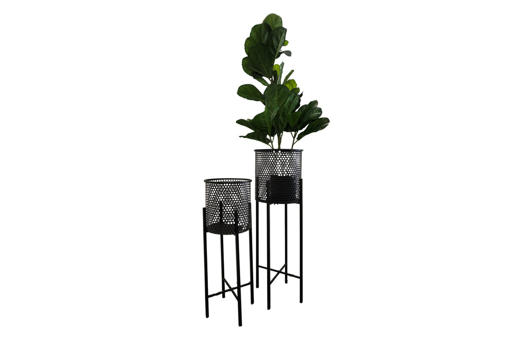 Black beehive planters in two sizes with lush green plants, photographed on a pure white background for a clean, modern look.