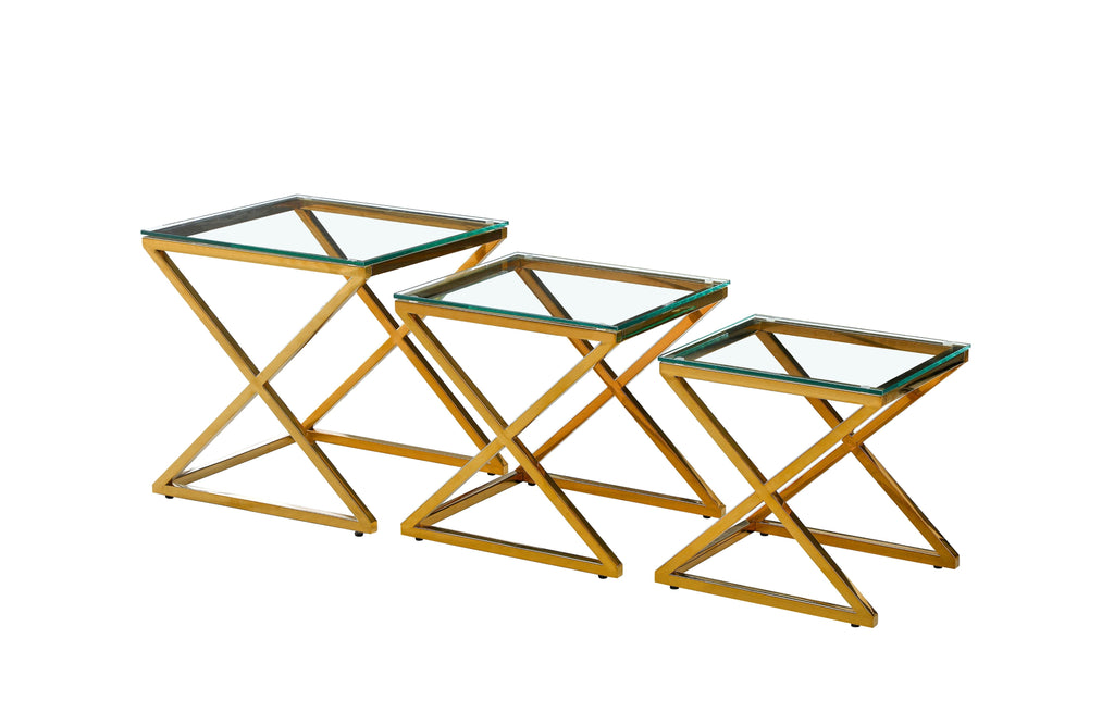 Bella set of three nesting side tables with gold polished frame and clear glass tops.