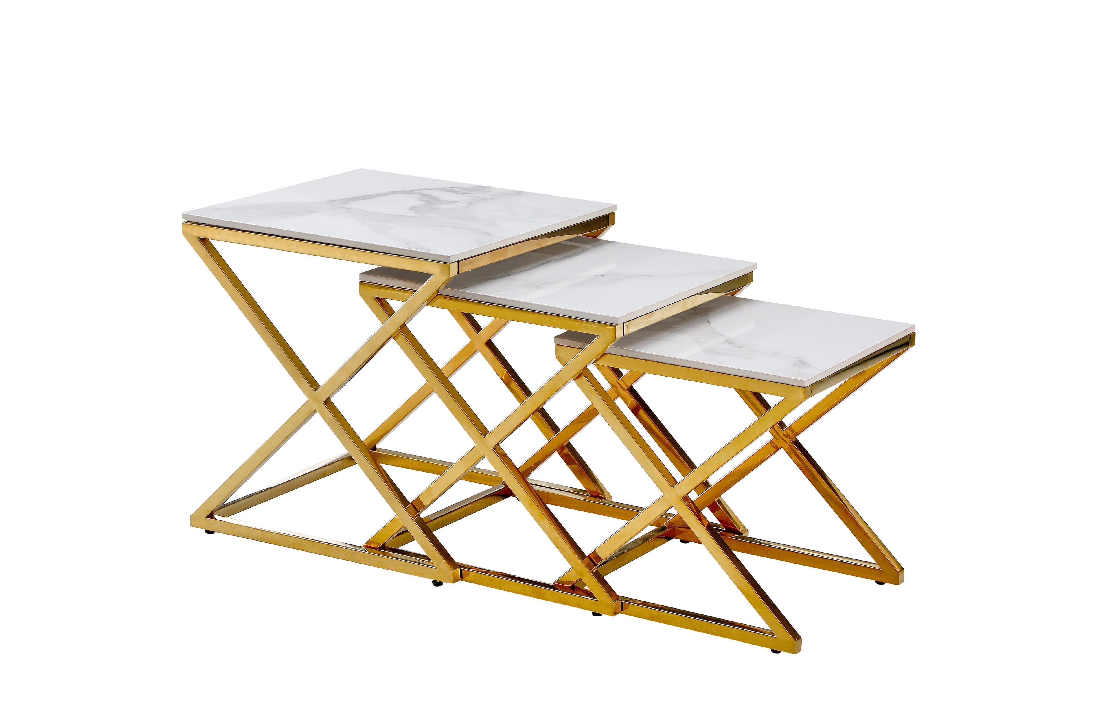 Bella set of three nesting side tables with polished gold frame and white marble tops.