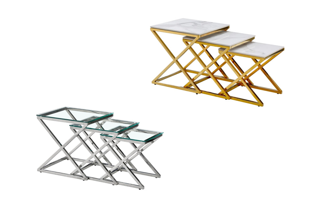 Bella set of three side tables in gold and silver frames with marble and glass tops.