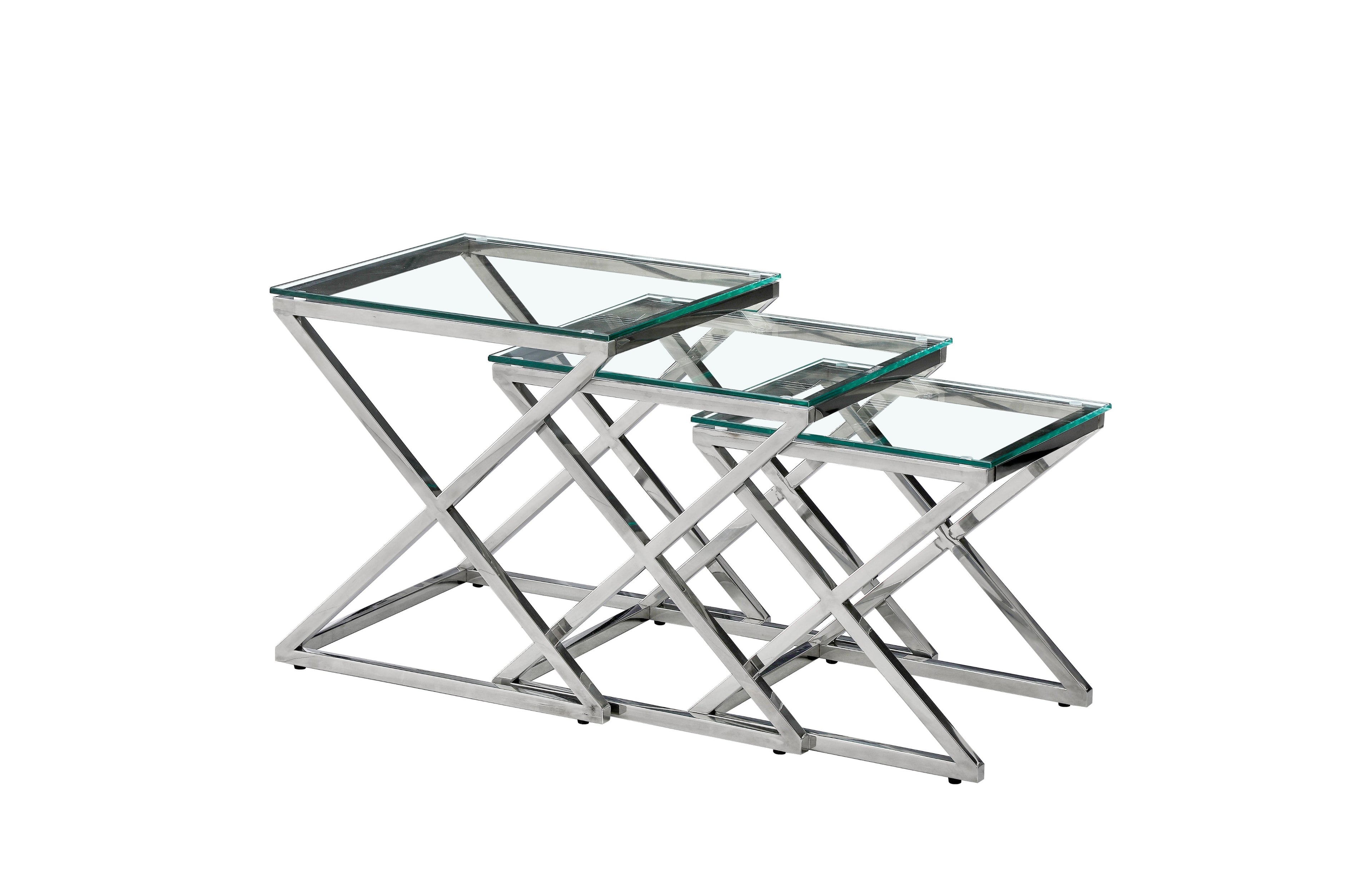 Bella set of three nesting side tables with silver polished frame and clear glass tops.
