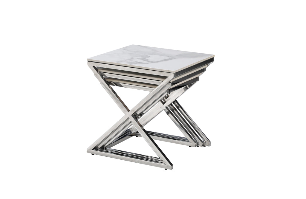Bella set of nesting side tables with silver polished frame and white marble tops, product view.