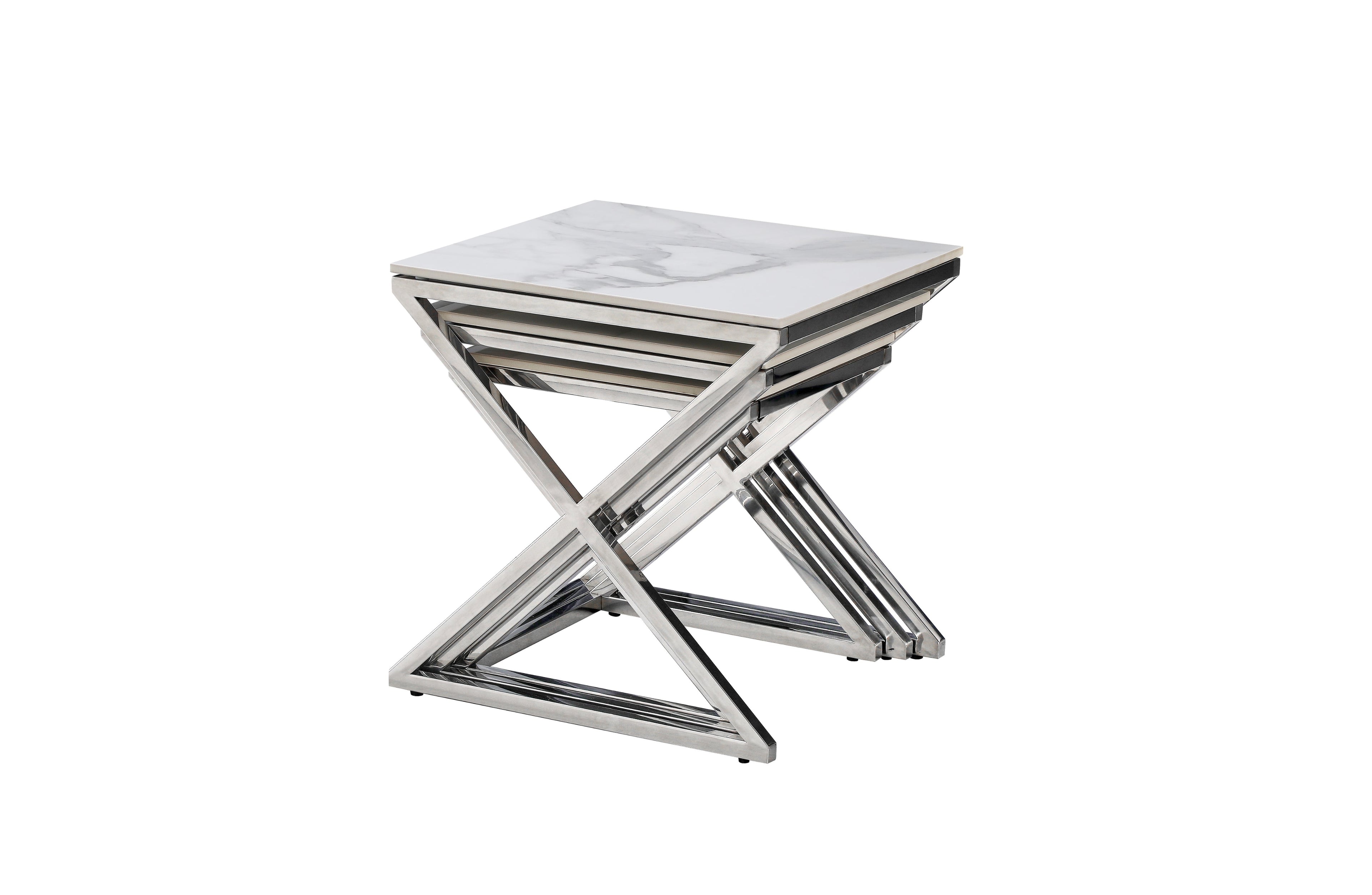 Bella set of nesting side tables with silver polished frame and white marble tops, product view.