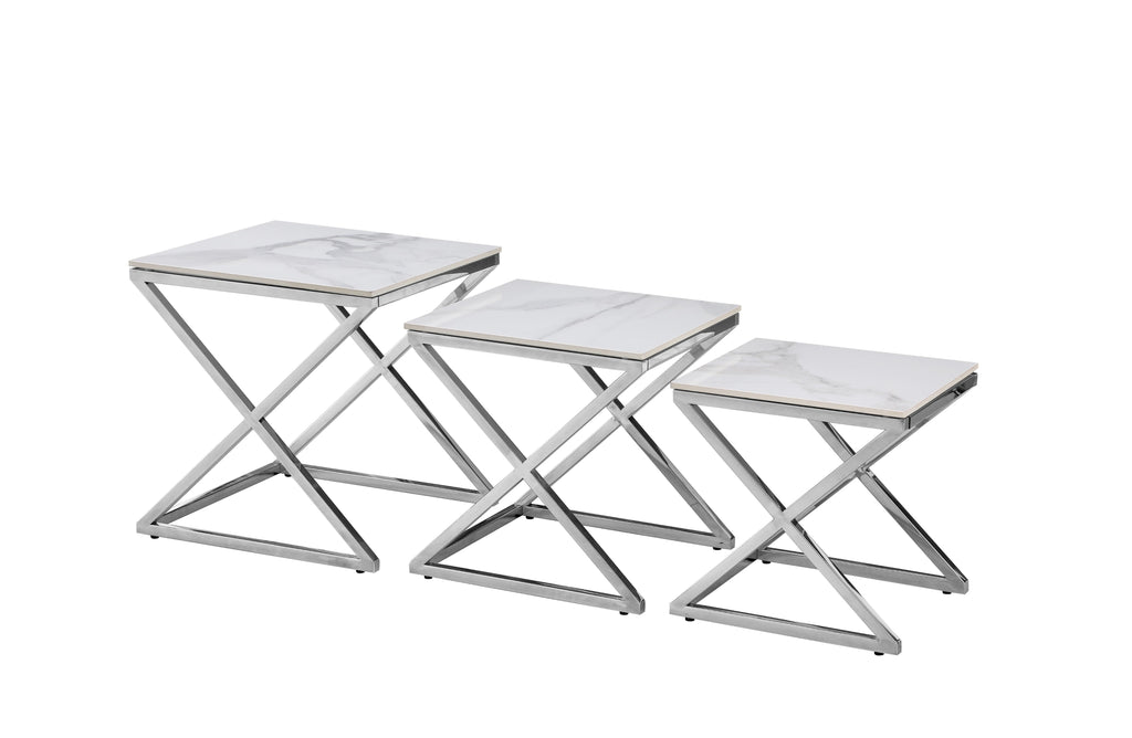 Bella set of three nesting side tables with polished silver frame and elegant marble tops.