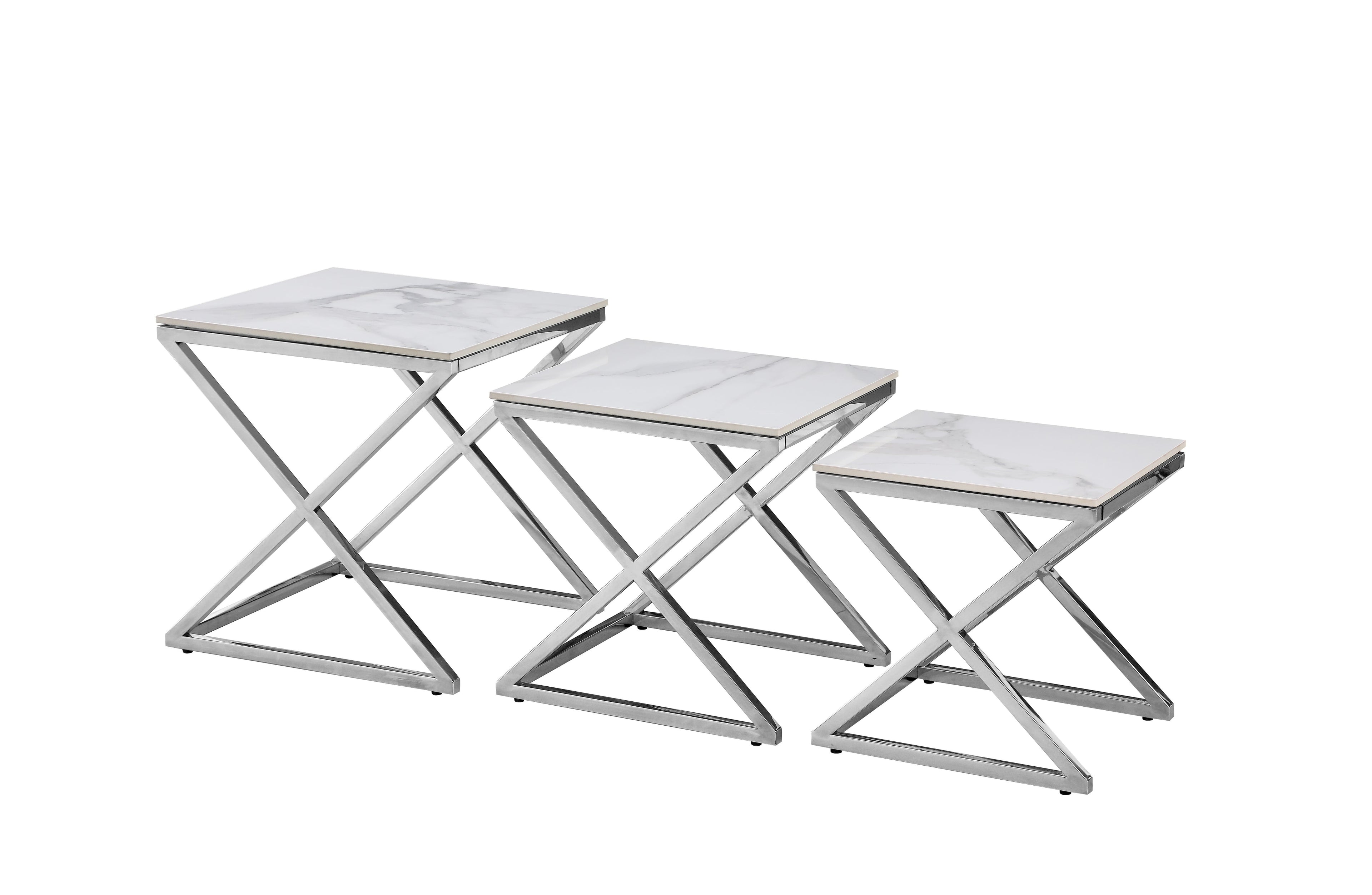 Bella set of three nesting side tables with polished silver frame and elegant marble tops.