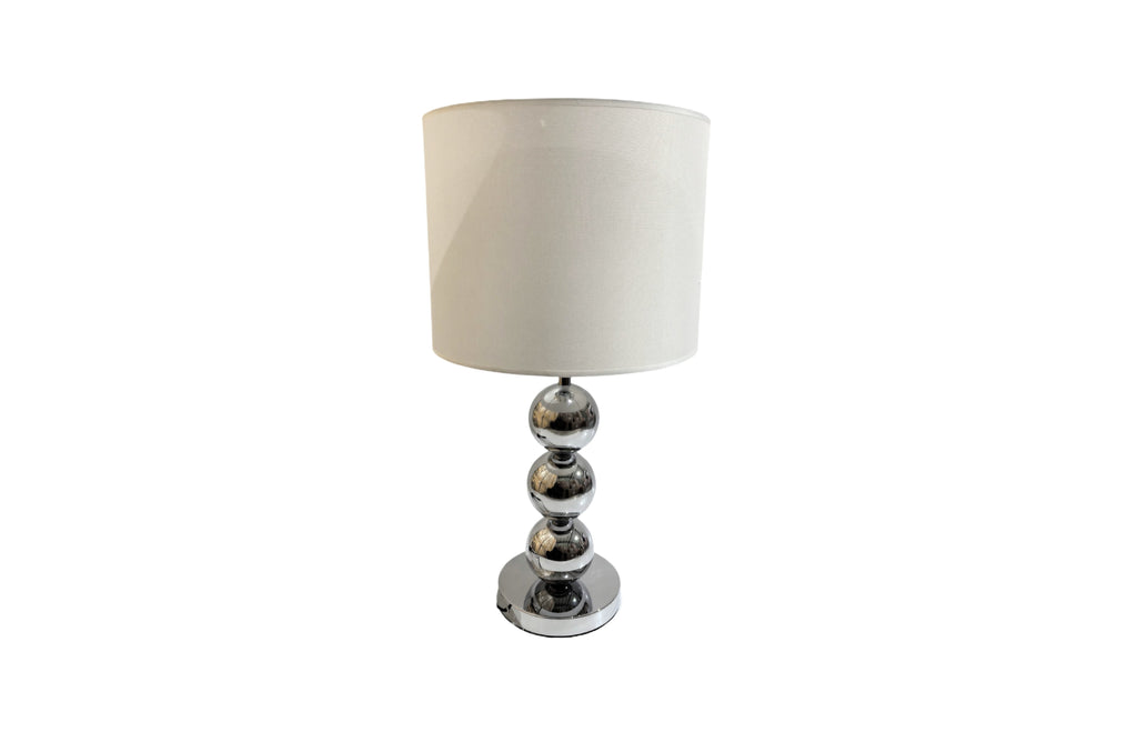 Beth Table Lamp with silver base and white fabric shade, modern and elegant design