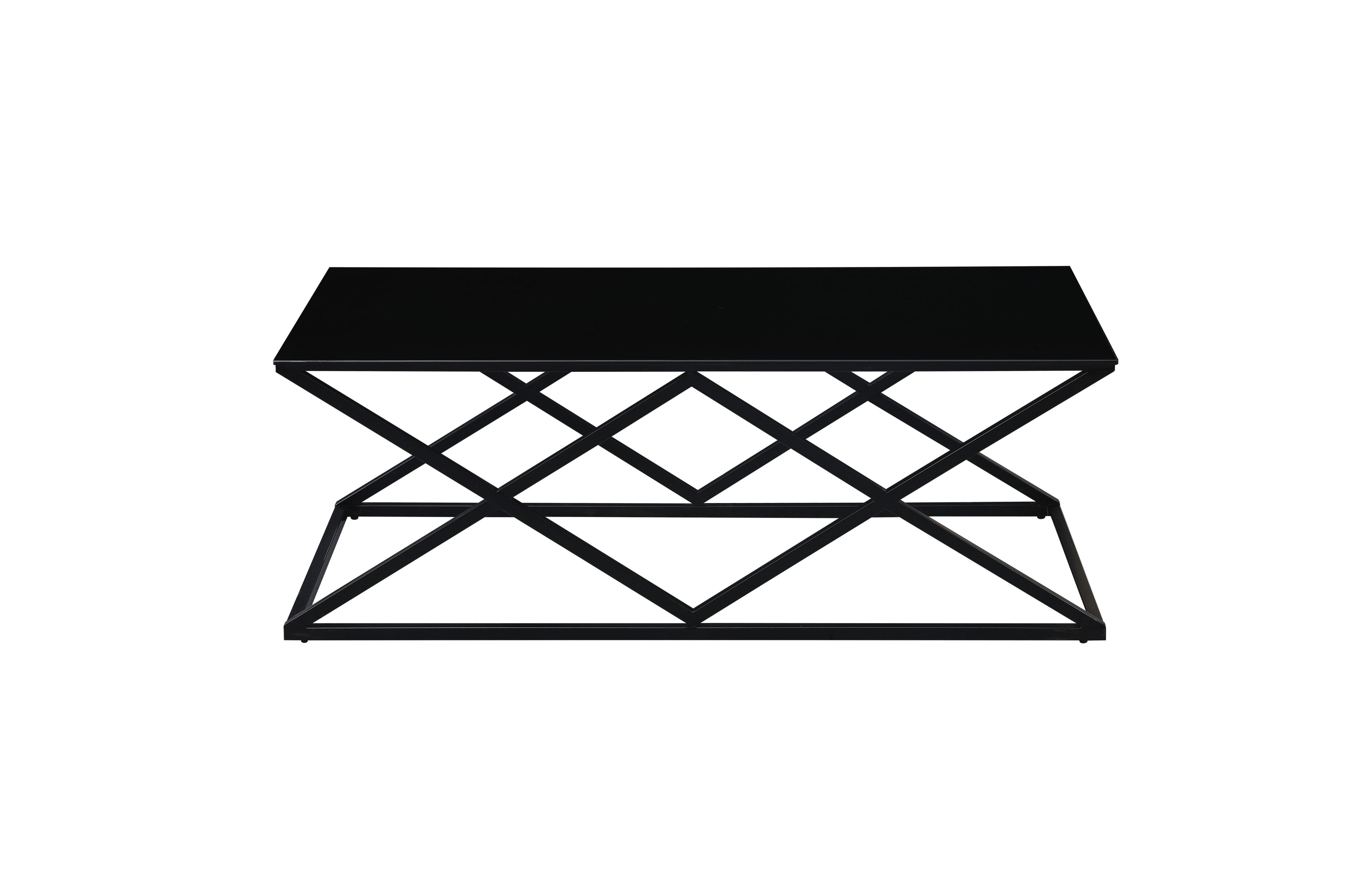 Beverly coffee table in sleek black frame with matching black tempered glass top.