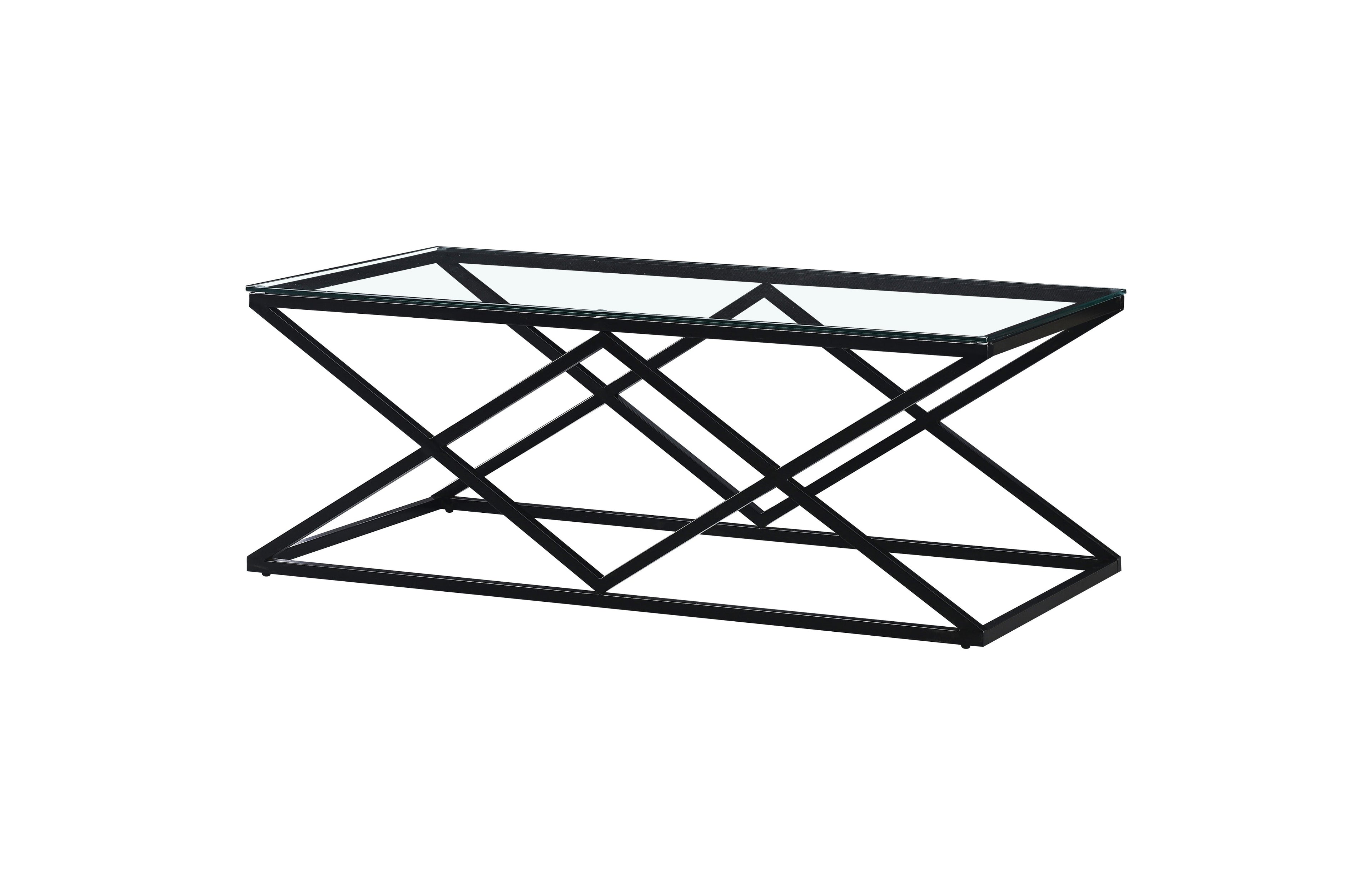 Beverly coffee table in matte black frame with clear tempered glass top.
