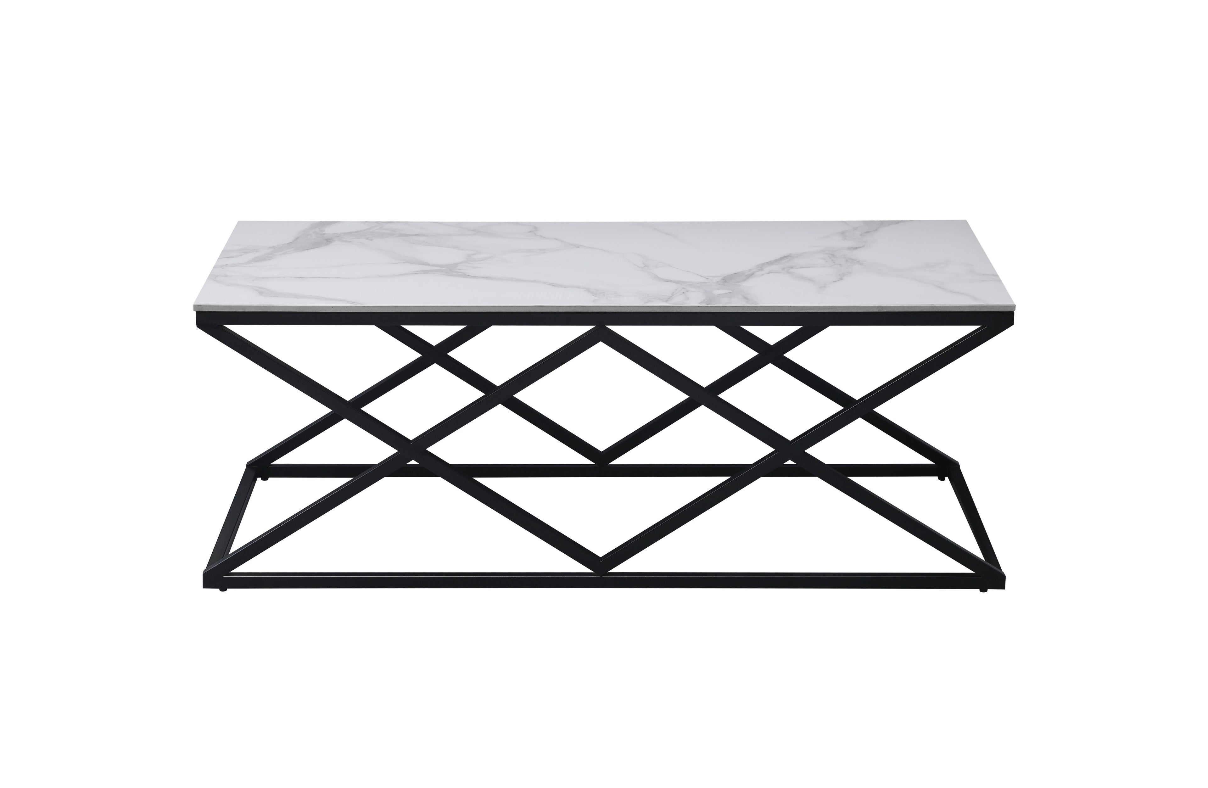 Beverly coffee table in matte black frame with sintered white marble stone top.