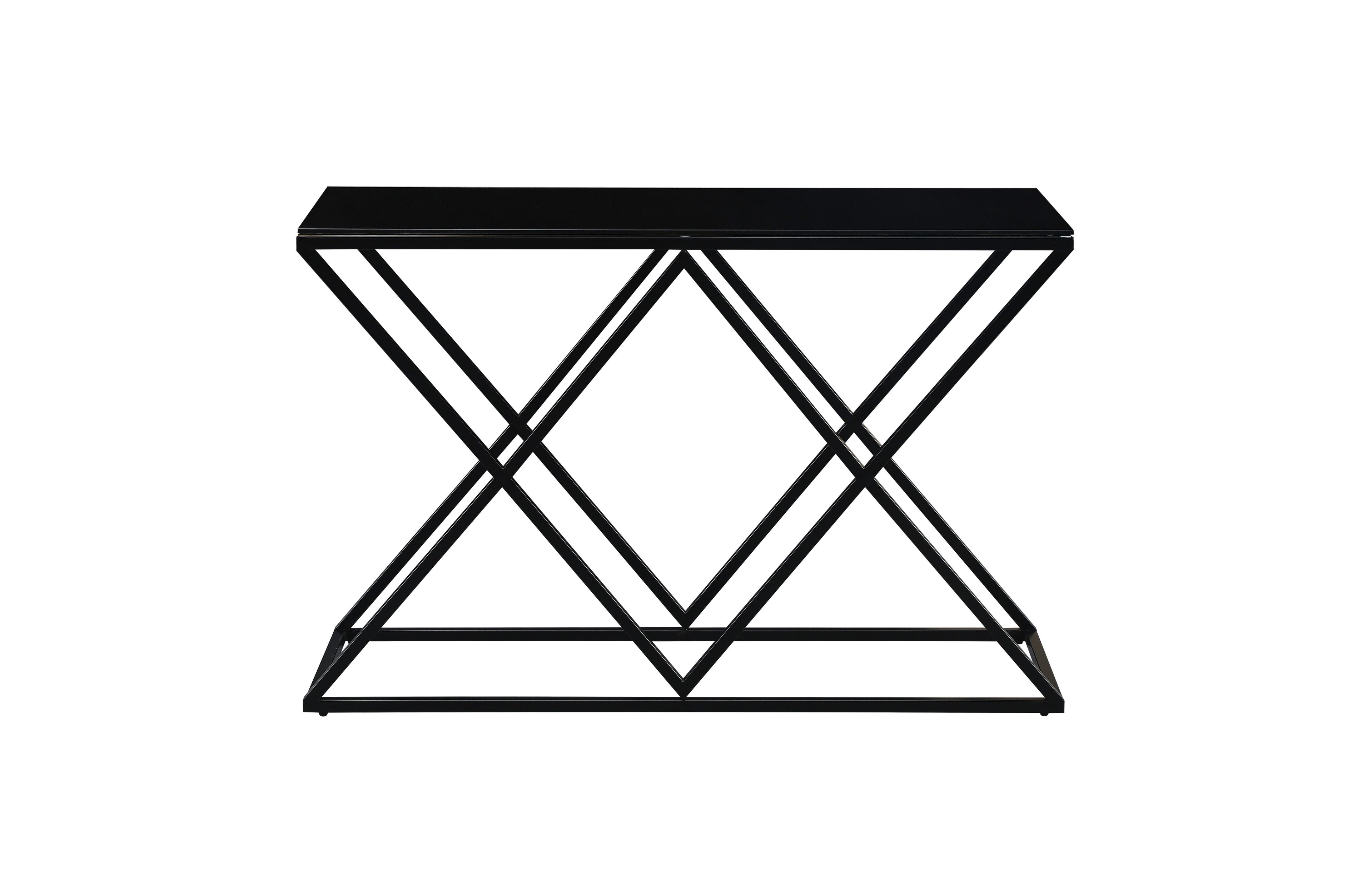 Beverly console table with black frame and black tempered glass top.