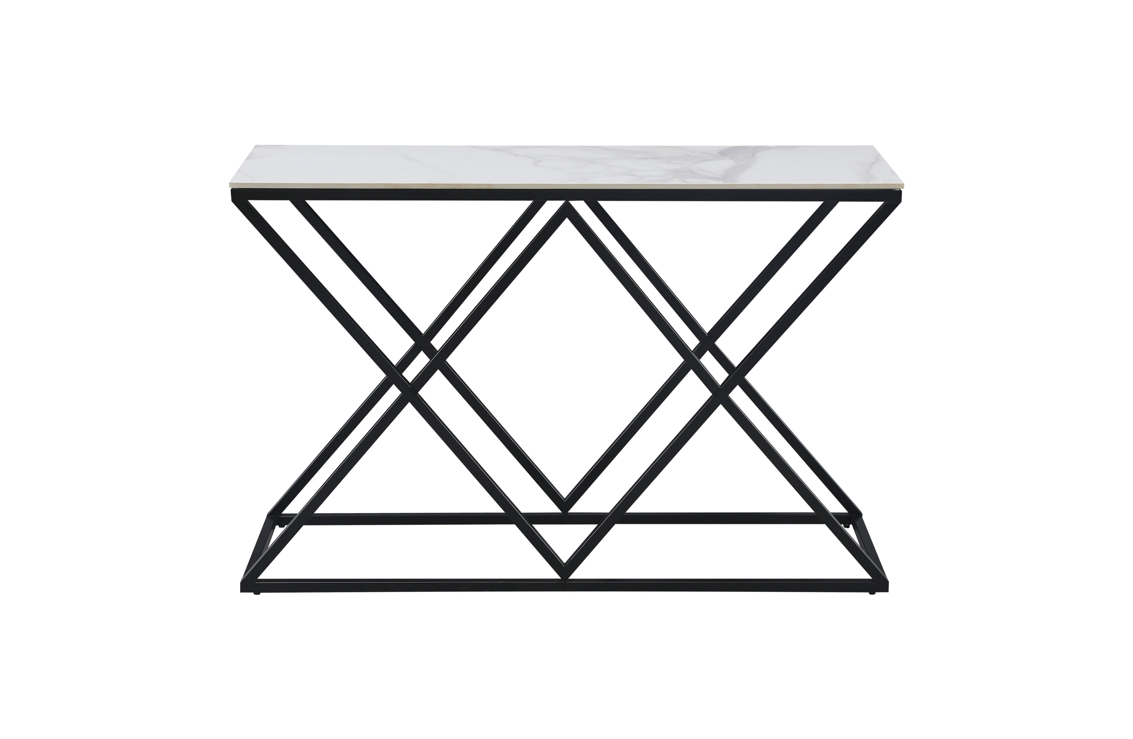 Beverly console table with black frame and white marble top.