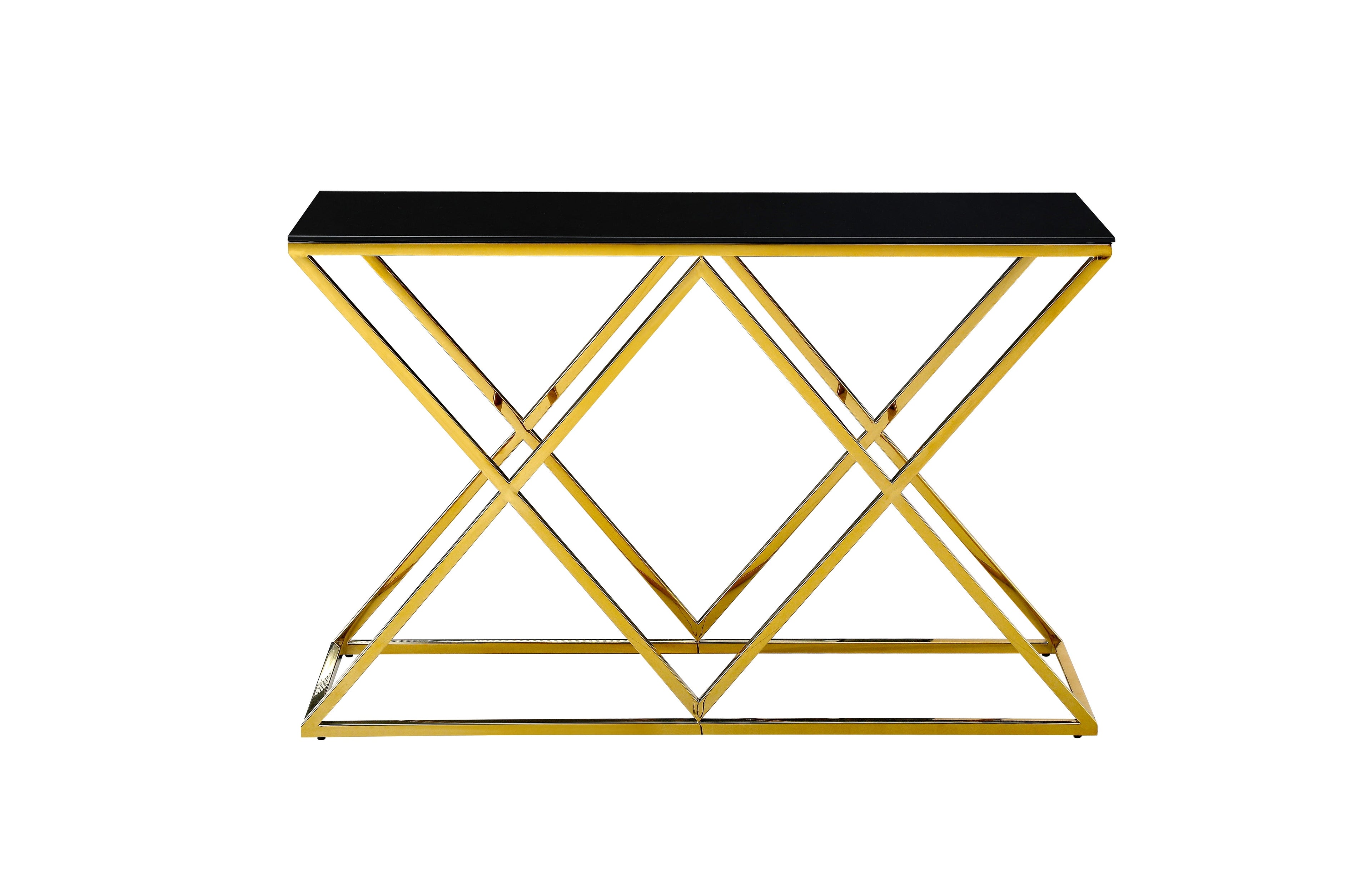 Beverly console table with gold frame and black tempered glass top.
