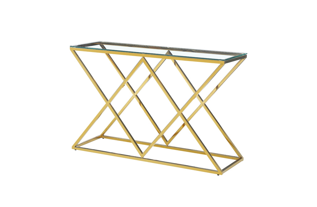 Beverly console table with gold frame and black tempered glass top.