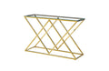 Beverly console table with gold frame and black tempered glass top.