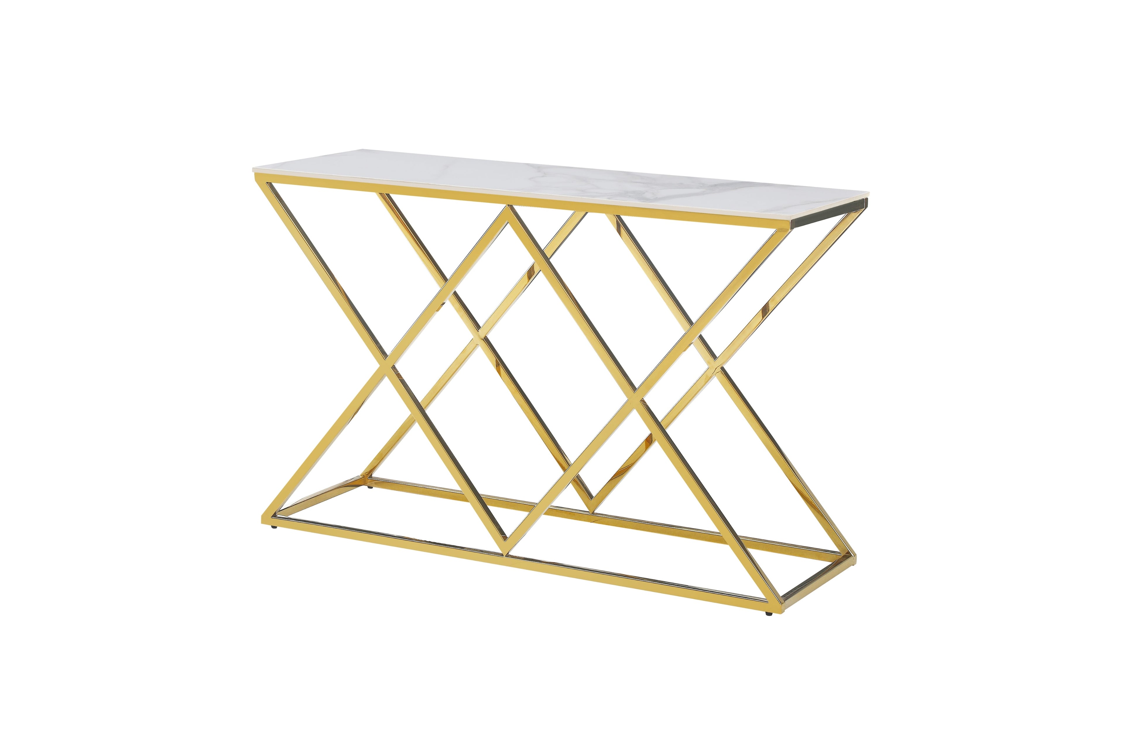 Beverly console table with gold frame and white marble top.