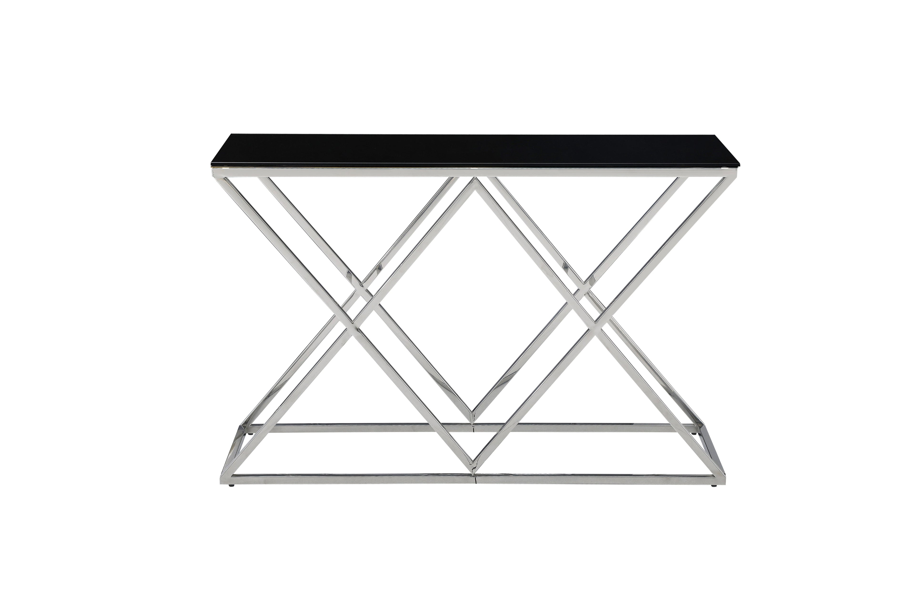 Beverly console table with silver frame and black tempered glass top.